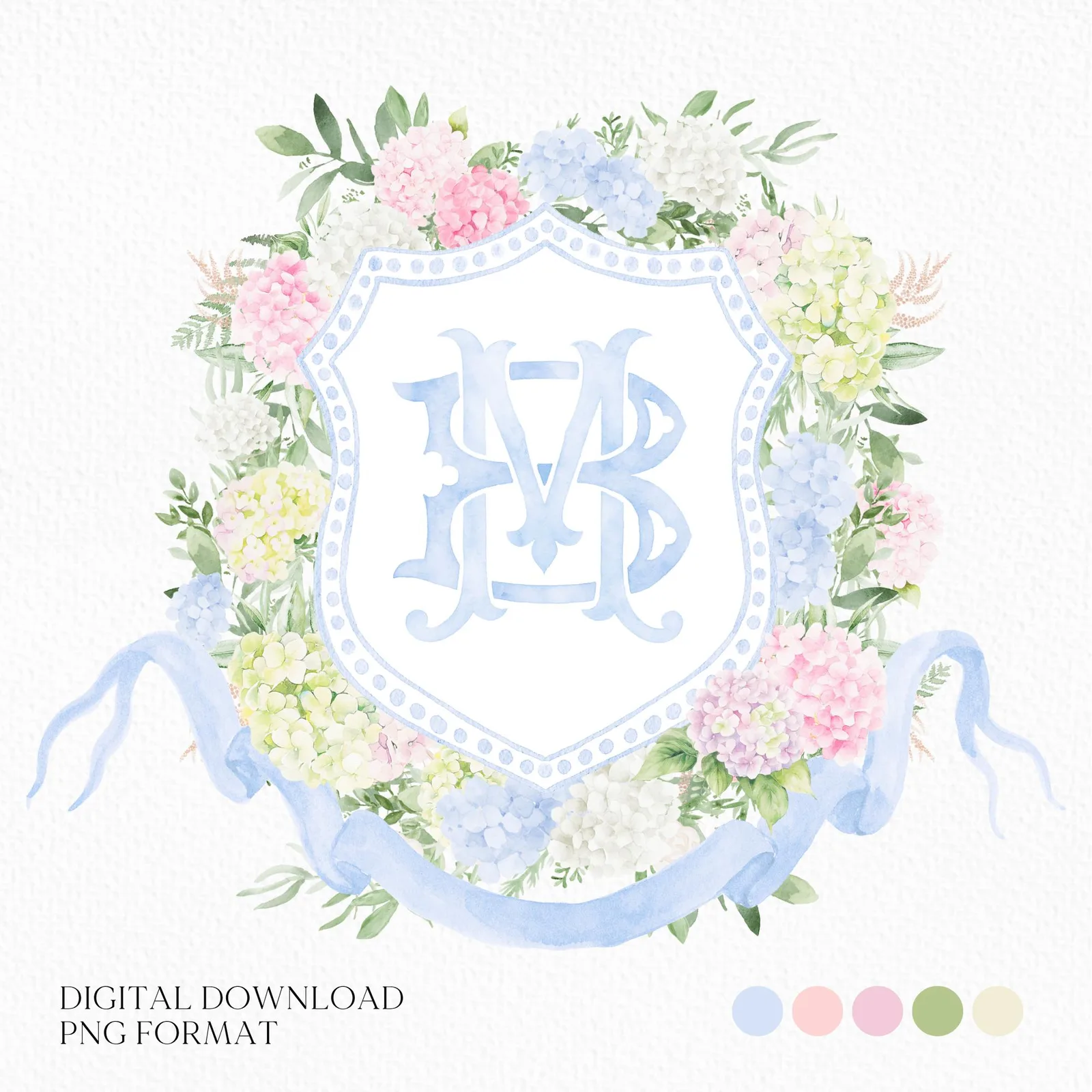 Blue White Pink Hydrangea Flower Wedding Crest - Monogram Crest - Pastel Color Hydrangea Floral Luxury Watercolor Wedding Crest