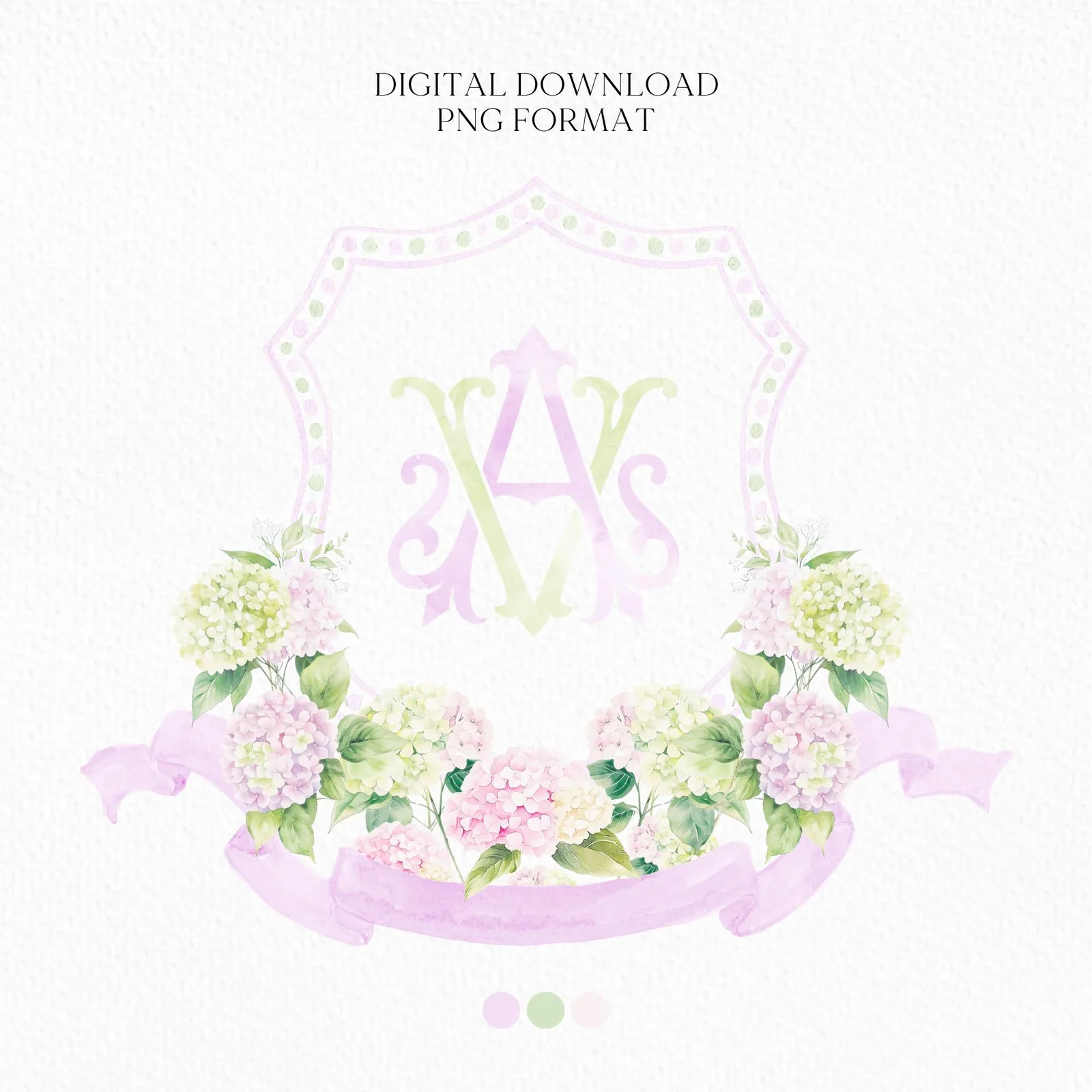 Hydrangea Pink Green Floral Wedding Crest - Monogram Crest - Hydrangea Floral Luxury Watercolor Wedding Crest - Romantic Wedding Crest