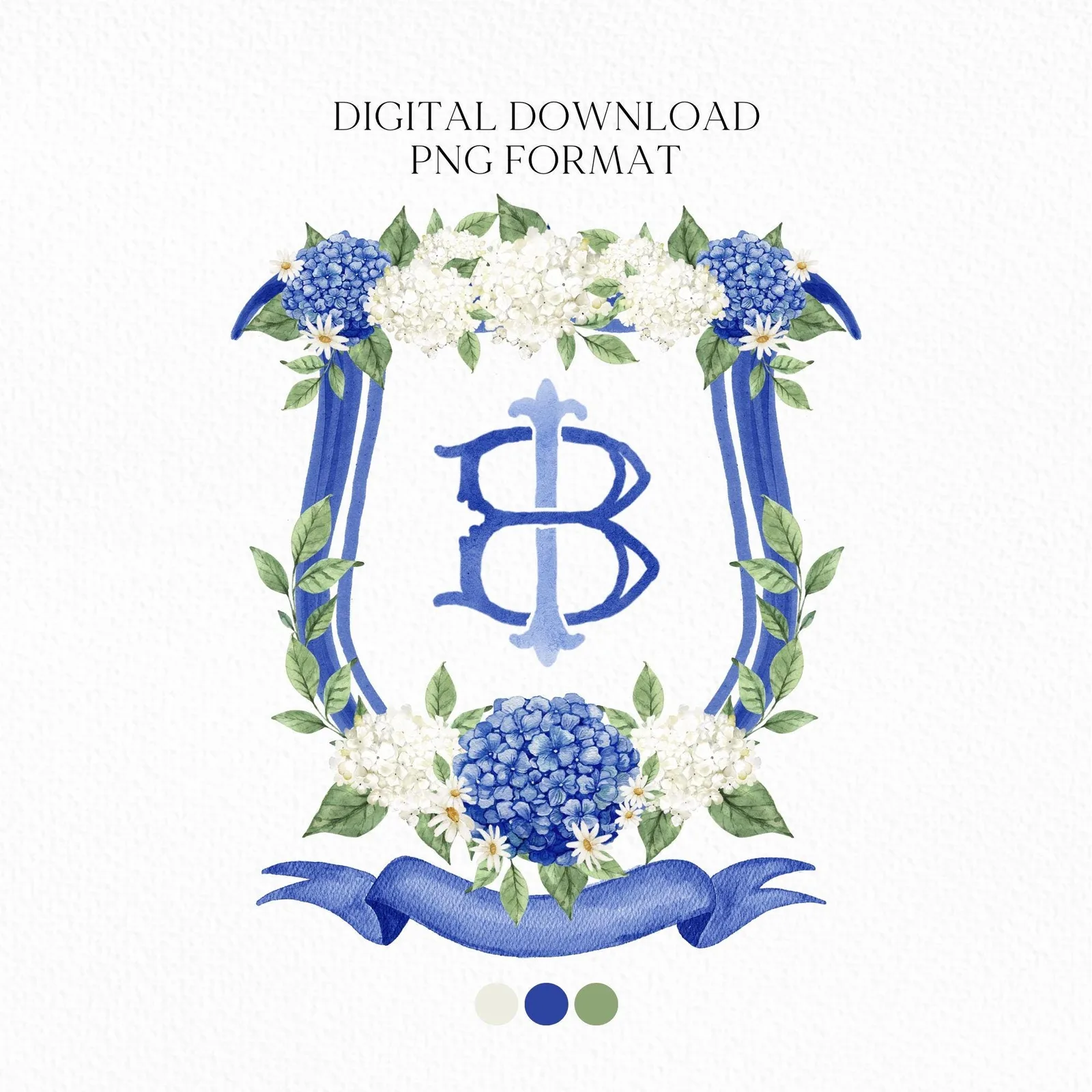 Hydrangea Flower Wedding Crest - Monogram Crest - Hydrangea Floral Luxury Watercolor Wedding Crest - Romantic Wedding Crest- Boho Hydrangea
