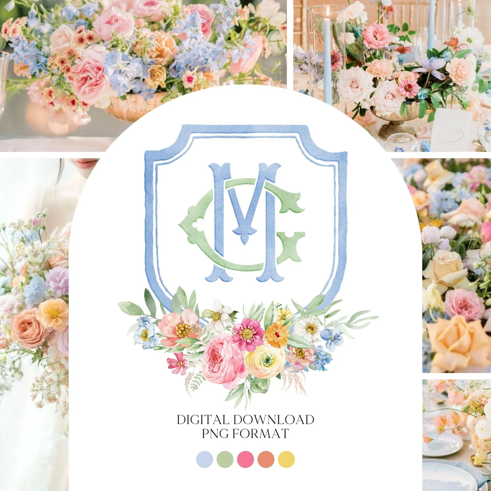 Wildflowers Bright Floral Colorful Watercolor Wedding Crest - Monogram Crest - Floral Watercolor Wedding Crest - Romantic Wedding Crest