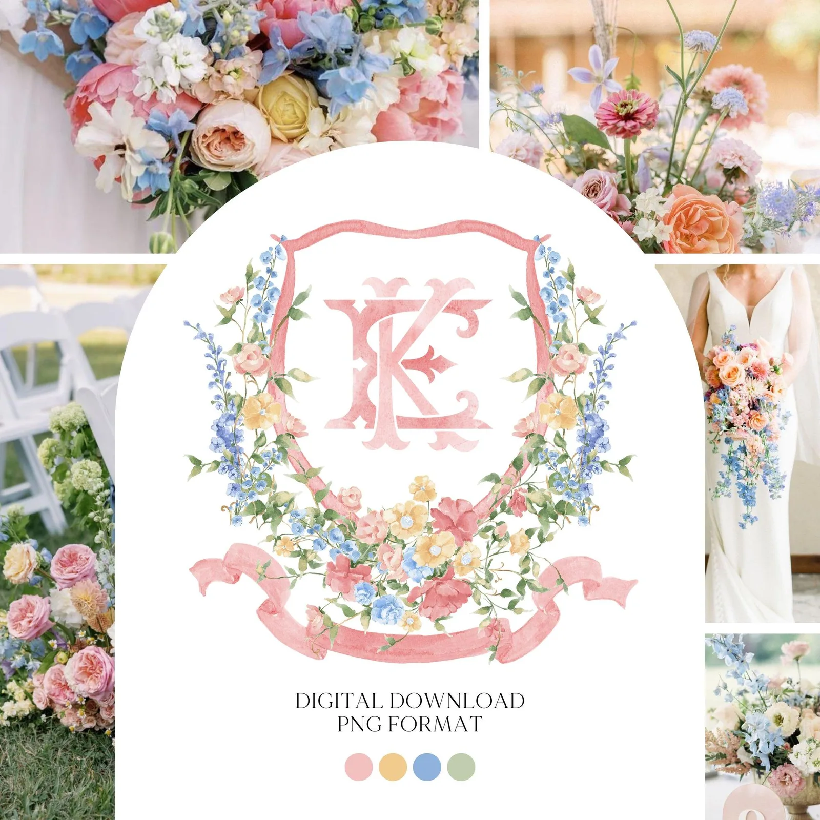 Wildflowers Pink Flower Garden Flowers Wedding Crest - Monogram Crest - Floral Luxury Watercolor Wedding Crest - Romantic Wedding Crest
