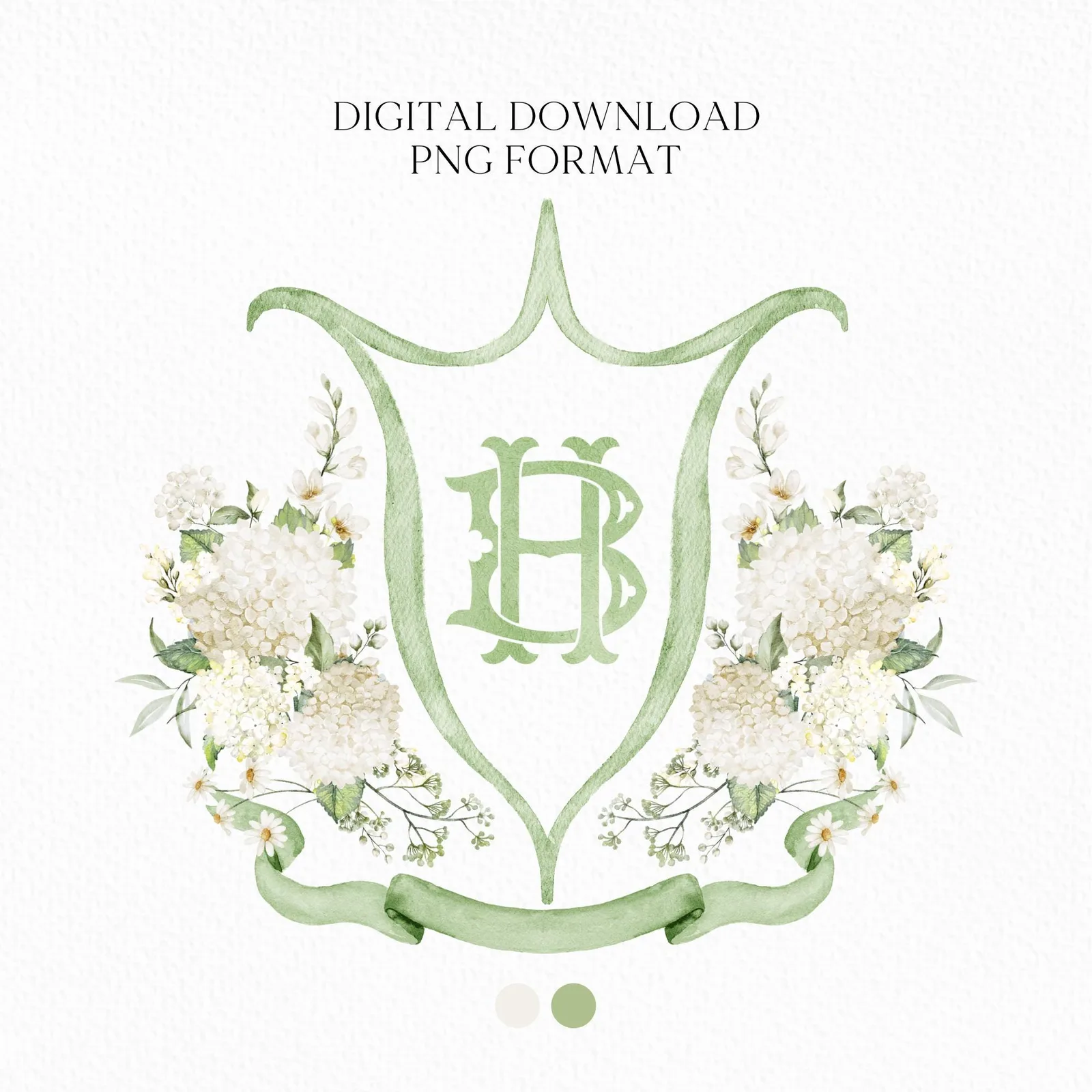 White Hydrangea Flower Wedding Crest - Monogram Crest - Hydrangea Floral Watercolor Wedding Crest - Romantic Wedding Crest - Boho Hydrangea