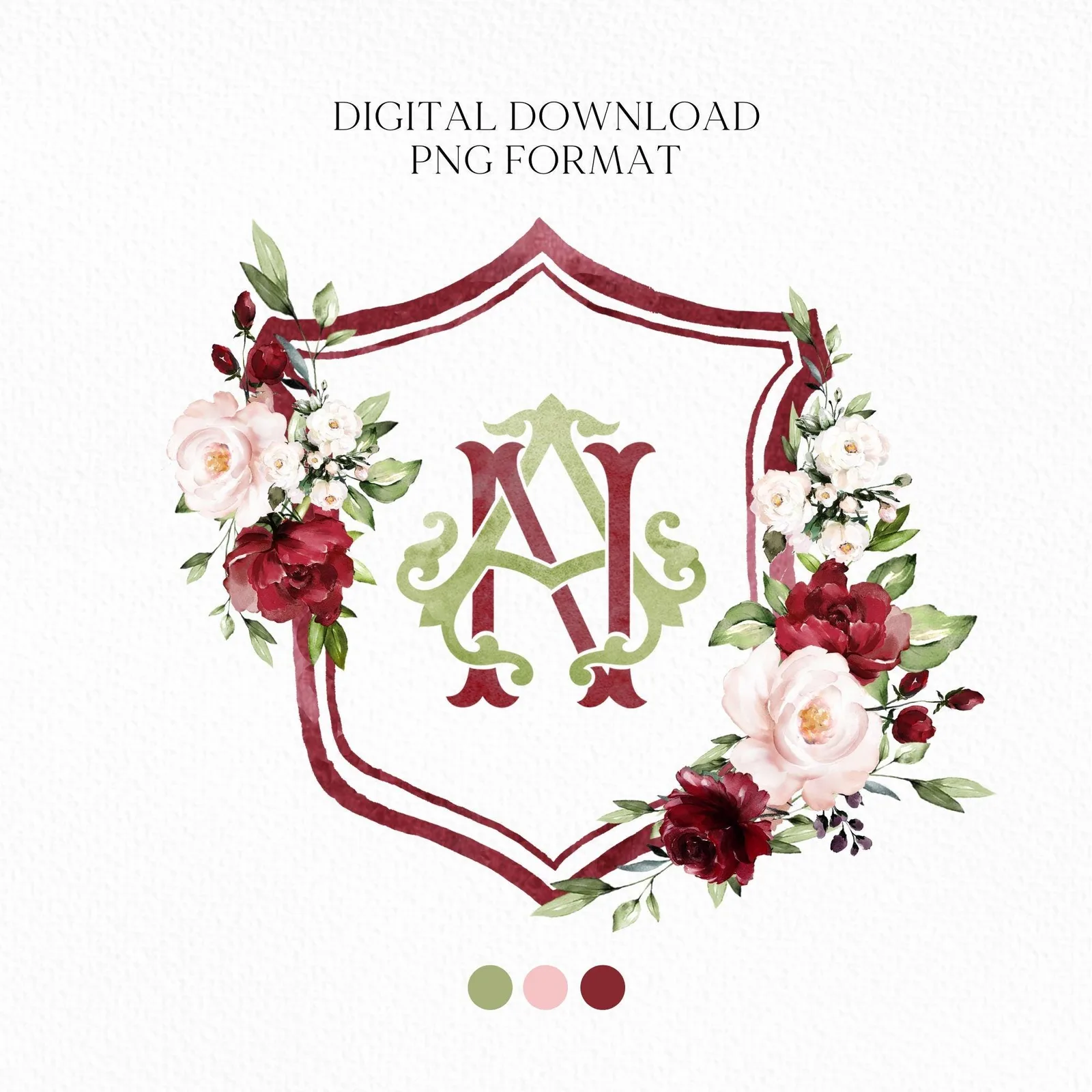 Marsala & Blush Pink Floral Rustic Greenery Flower Wedding Crest - Monogram Crest - Floral Watercolor Wedding Crest - Romantic Wedding Crest