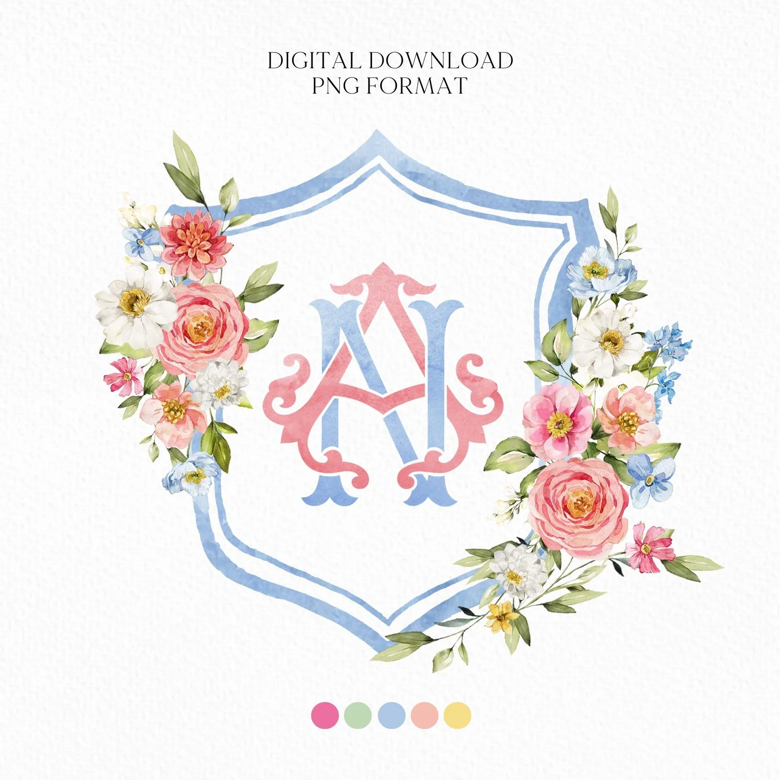 Wildflowers Bright Floral Colorful Watercolor Wedding Crest - Monogram Crest - Floral Watercolor Wedding Crest - Romantic Wedding Crest