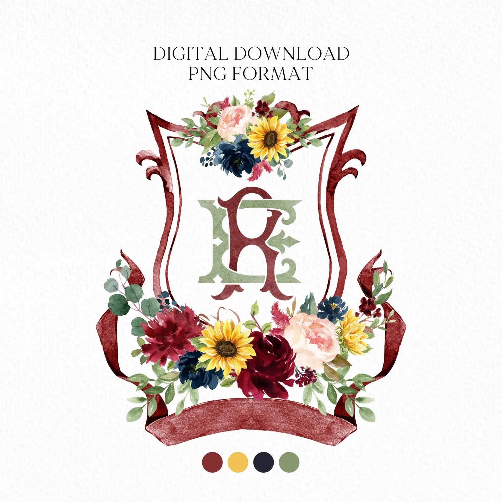 Sunflower Burgundy Red Blush Peony Rose Flower Wedding Crest - Monogram Crest - Floral Watercolor Wedding Crest - Romantic Wedding Crest