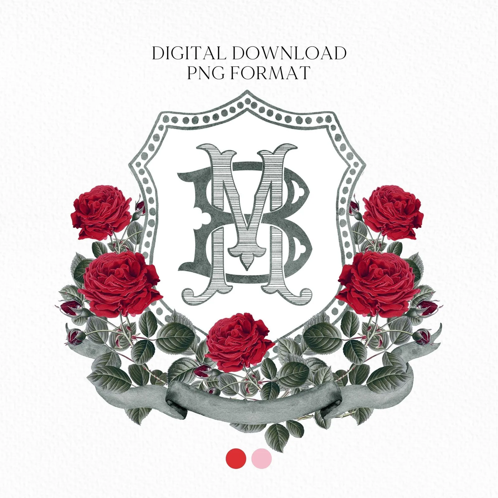 Red Roses Flower Wedding Crest - Monogram Crest - Roses Floral Luxury Watercolor Wedding Crest - Romantic Wedding Crest - Vintage Red Roses
