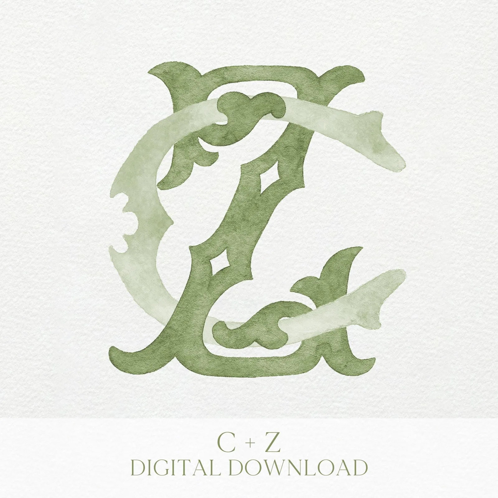 Watercolor Wedding Monogram ZC - Classic Initial Crest (Digital Download)