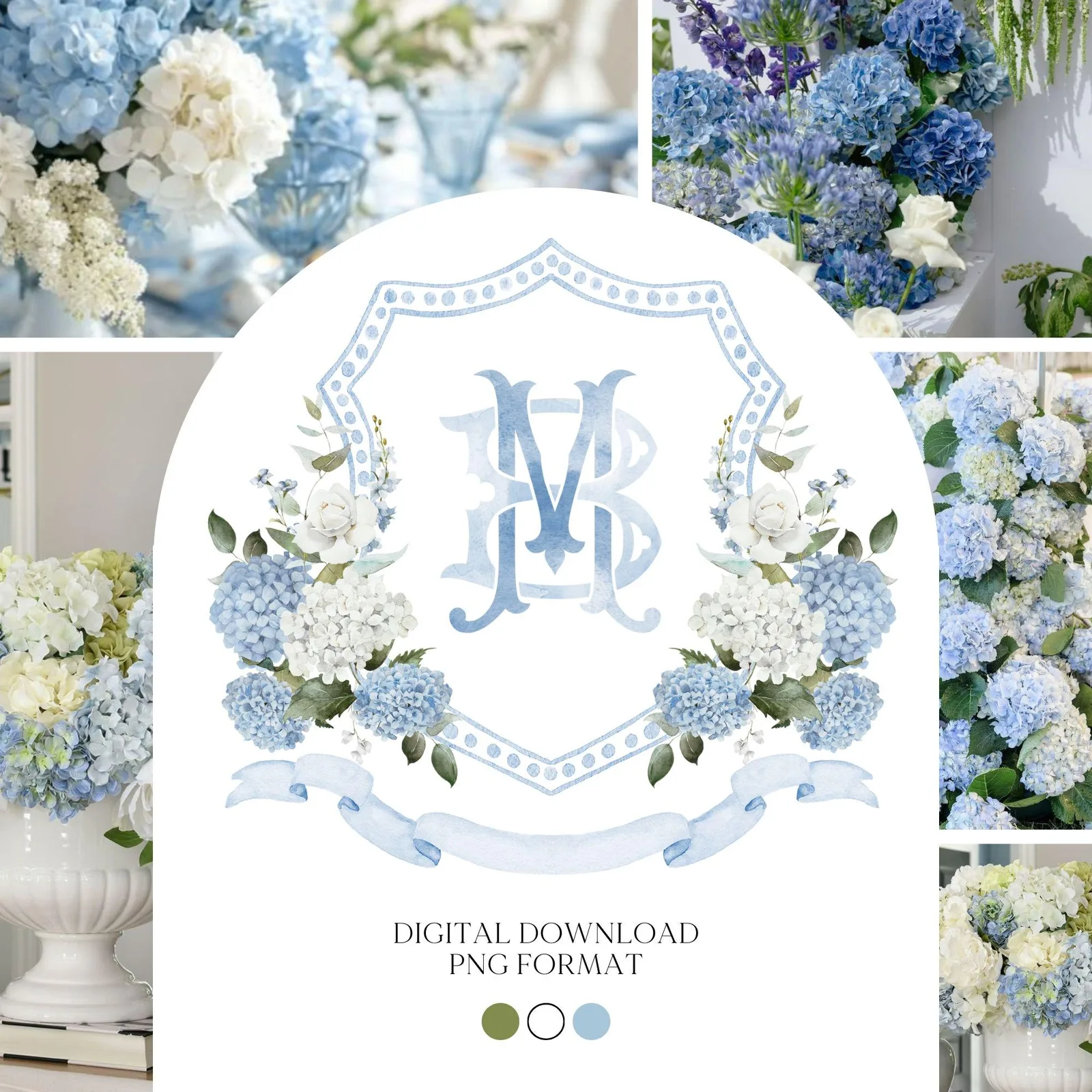 Blue White Hydrangea Flower Wedding Crest - Monogram Crest - Hydrangea Floral Luxury Watercolor Wedding Crest - Romantic Wedding Crest