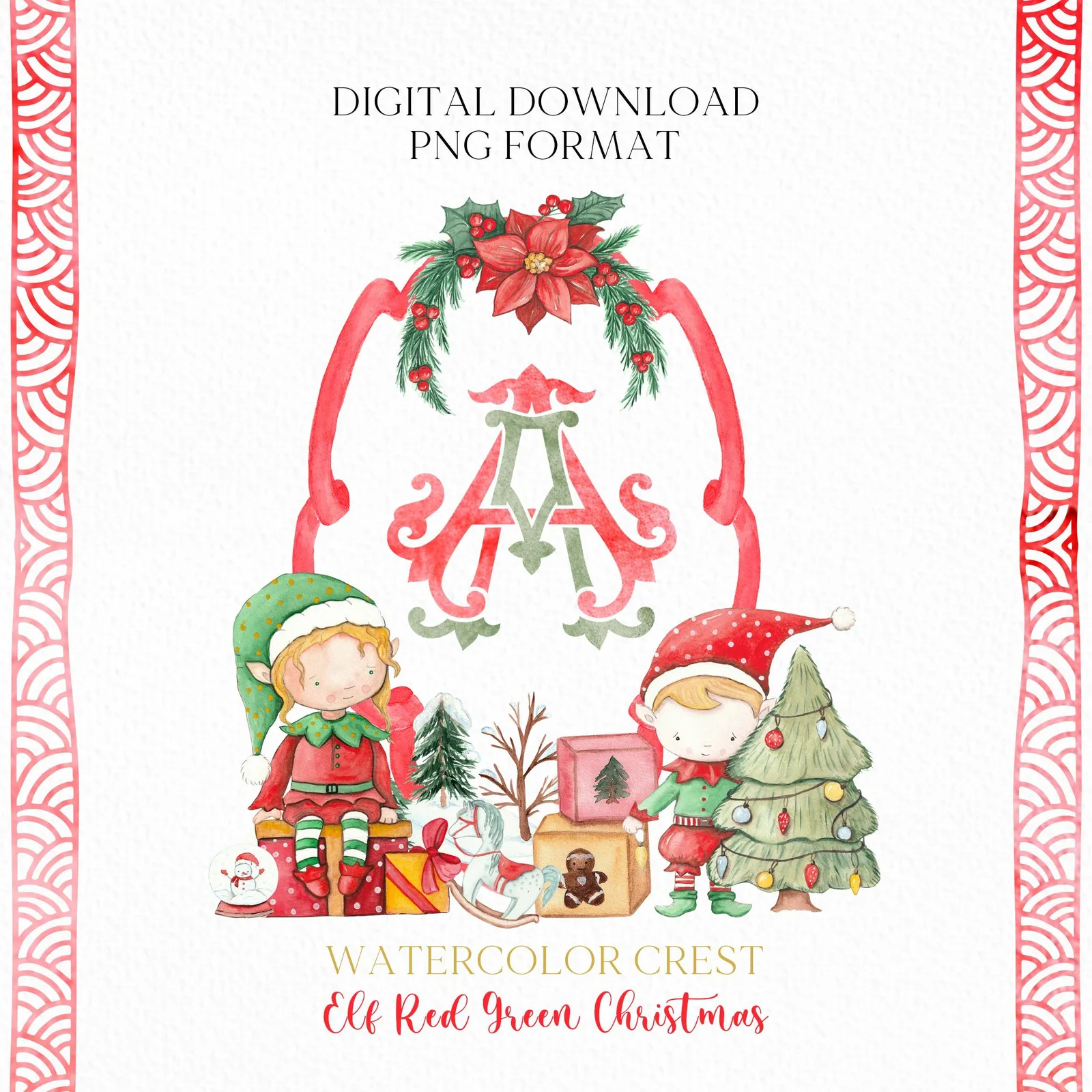 Elf Red Green Christmas Crest - Monogram Crest - Christmas Watercolor Crest DIY - Luxury Watercolor Wedding Crest - Elf Red Christmas