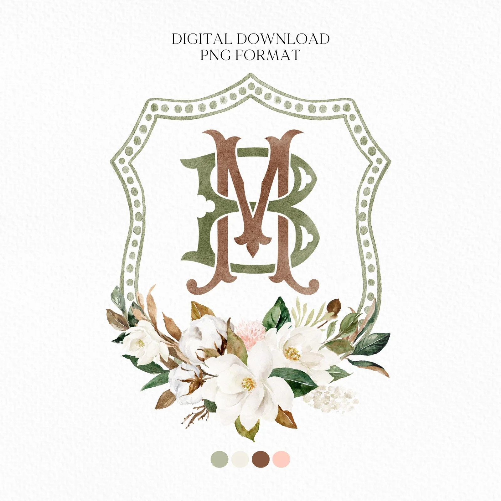 Magnolia Cotton Flower Watercolor Wedding Crest - Monogram Crest - Magnolia Floral Watercolor Wedding Crest - Romantic Wedding Crest