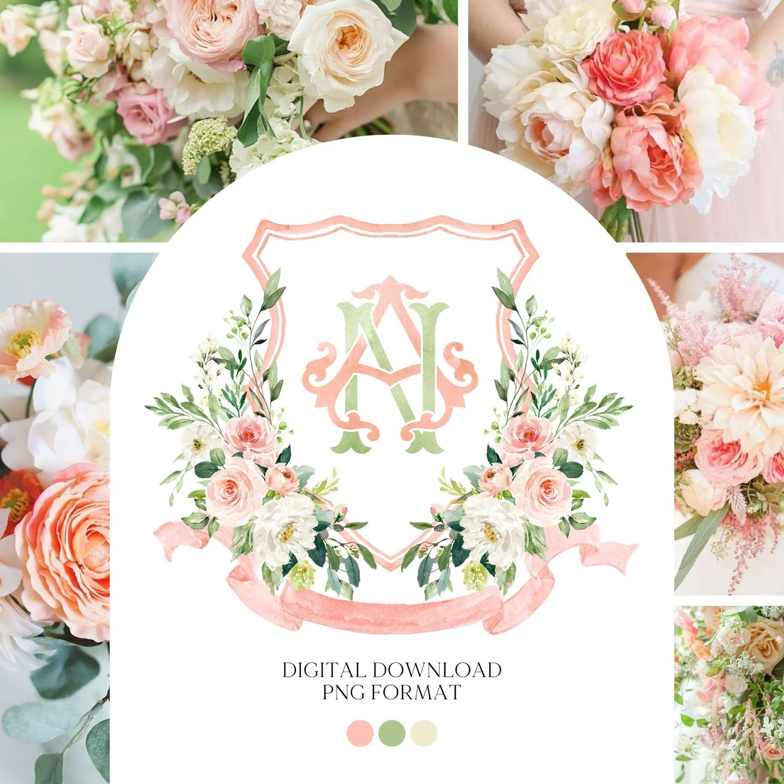 Blush Pink Floral Rustic Greenery Flower Wedding Crest - Monogram Crest - Floral Watercolor Wedding Crest - Romantic Wedding Crest