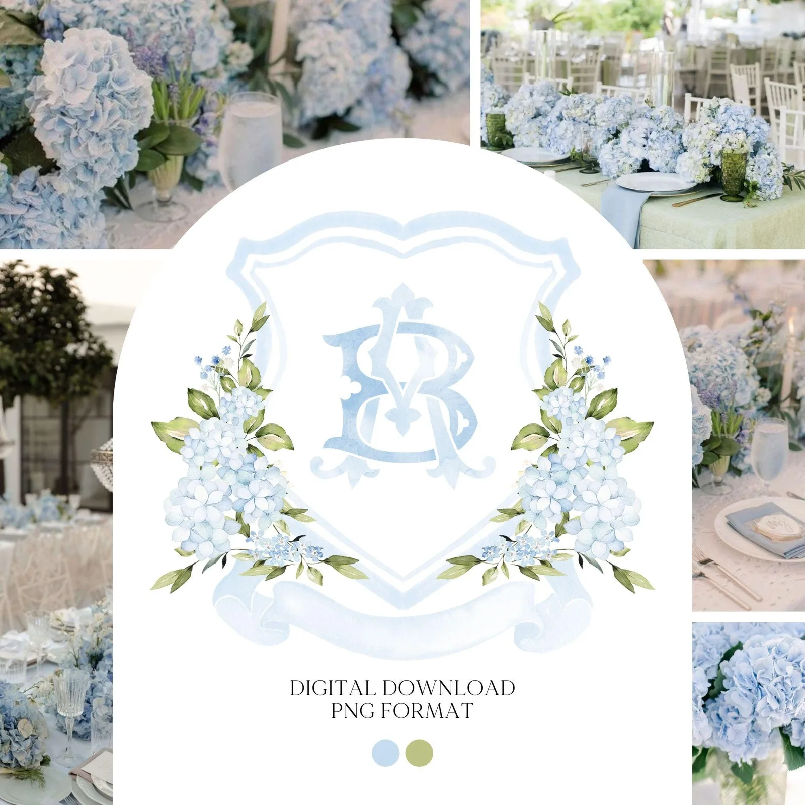 Light Blue Hydrangea Flower Wedding Crest - Monogram Crest - Hydrangea Floral Luxury Watercolor Wedding Crest - Romantic Wedding Crest