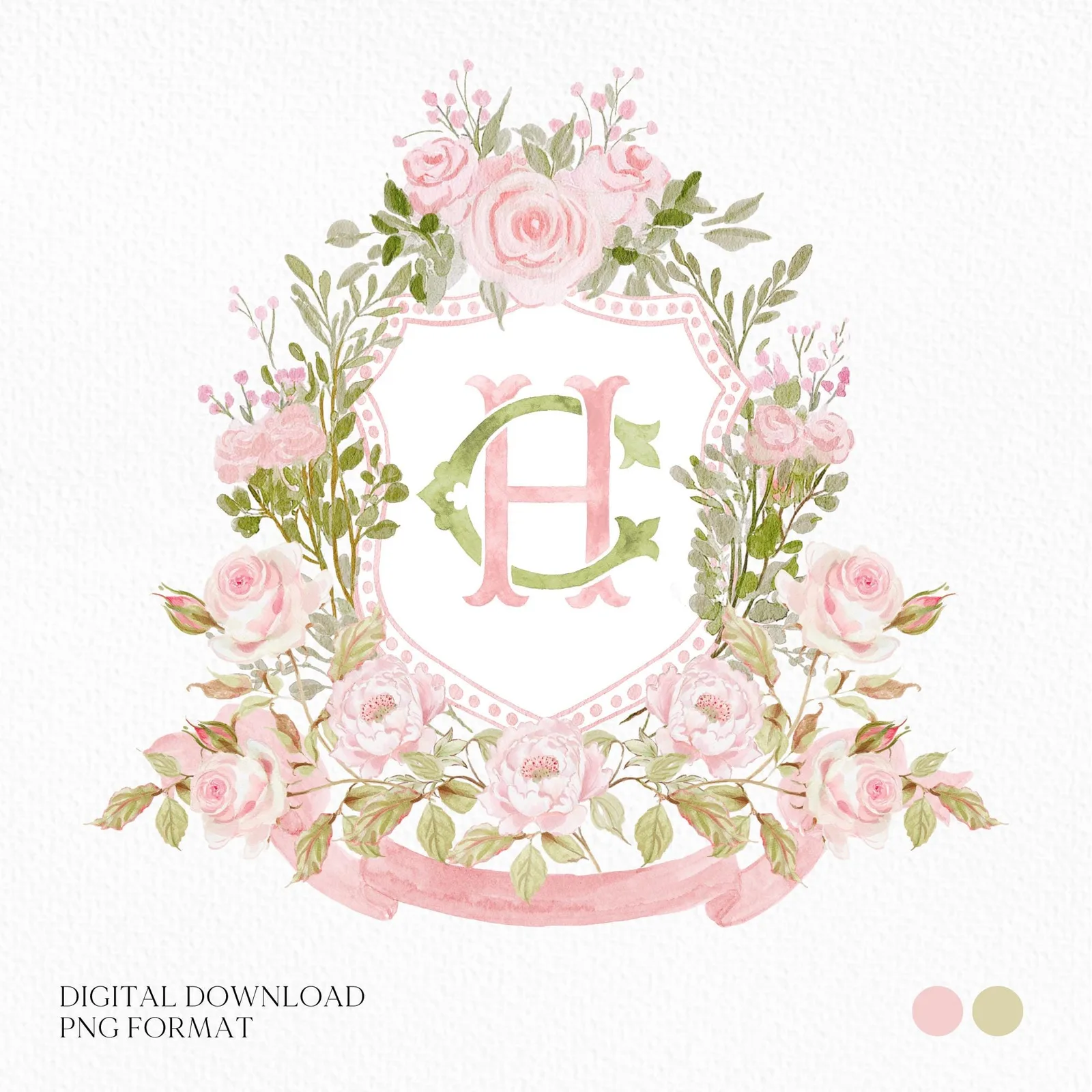 Blush Pink Floral Rustic Greenery Flower Wedding Crest - Monogram Crest - Floral Watercolor Wedding Crest - Romantic Wedding Crest