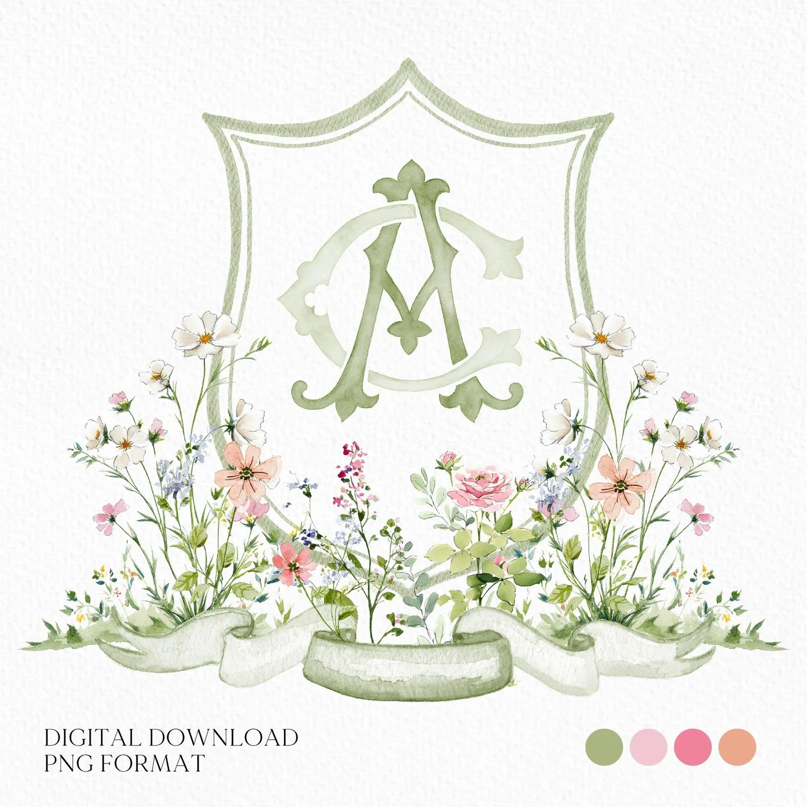 Wildflower Garden Flower Wedding Crest - Monogram Crest - Colorful Spring Floral Watercolor Wedding Crest - Romantic Wedding Crest