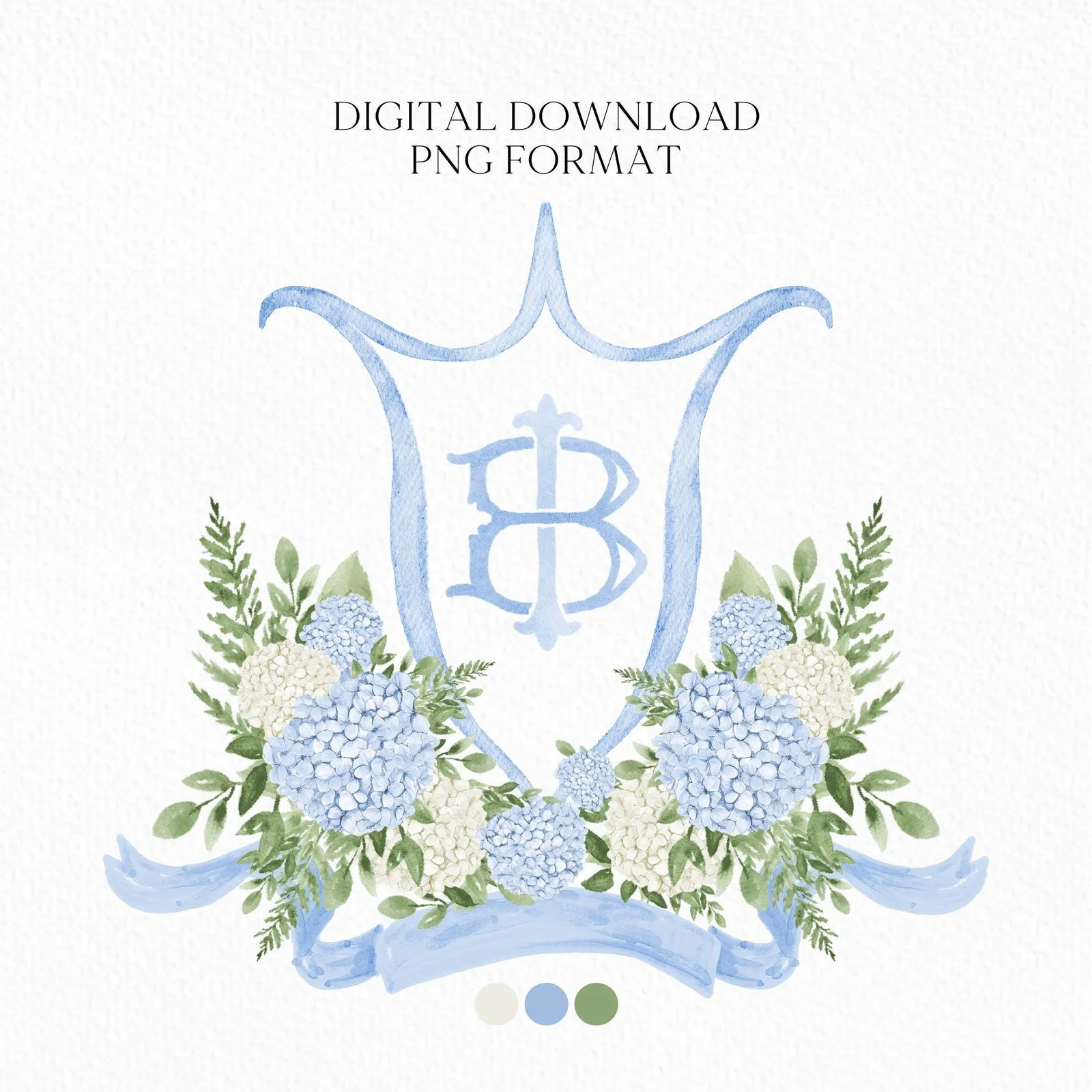 White Blue Hydrangea Flower Wedding Crest - Monogram Crest - Hydrangea Floral Luxury Watercolor Wedding Crest - Romantic Wedding Crest