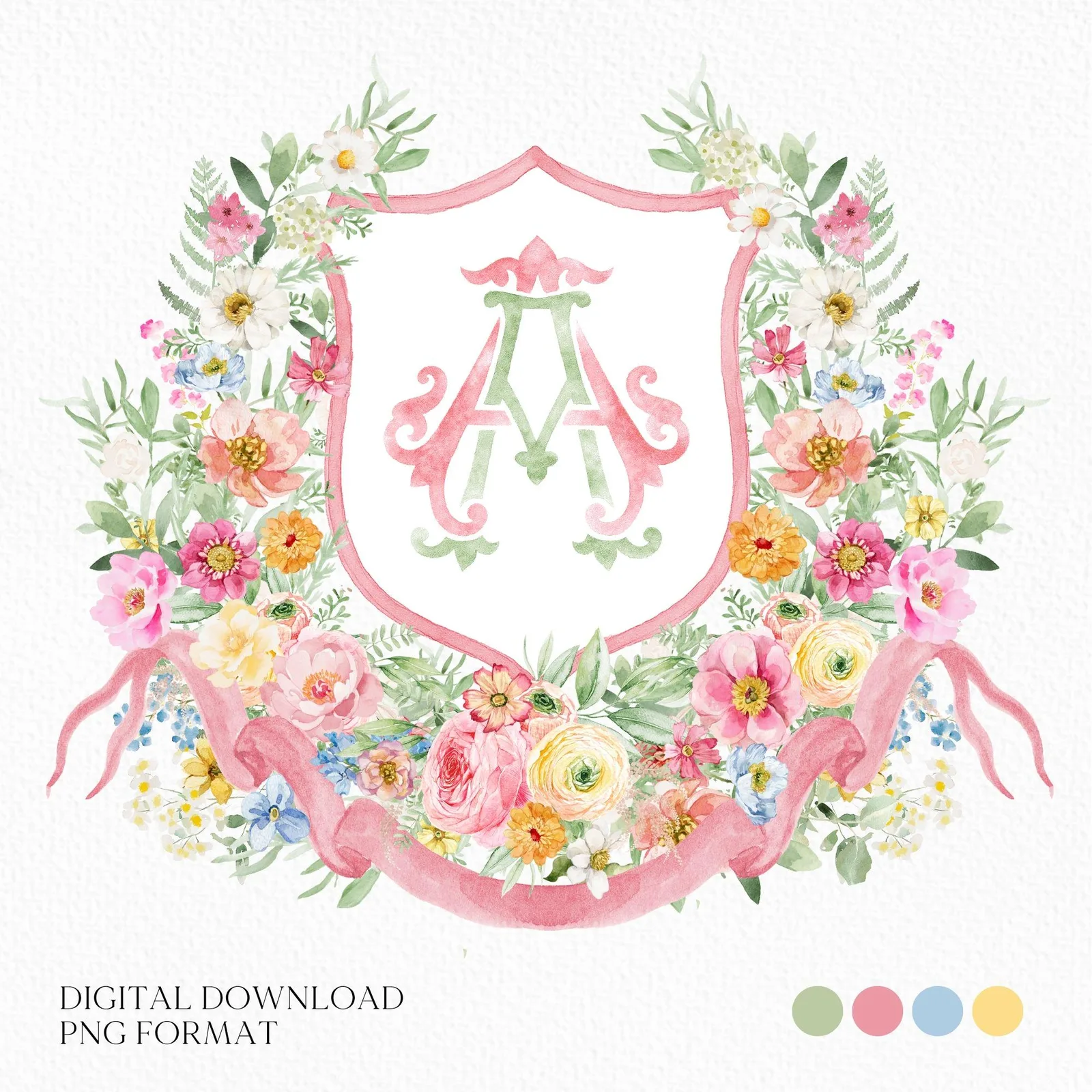 Wildflowers Bright Floral Colorful Watercolor Wedding Crest
