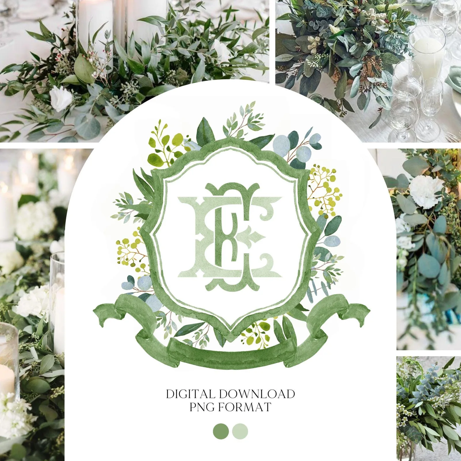 Eucalyptus Green Leaves Flower Wedding Crest - Monogram Crest - Greenery Floral Luxury Watercolor Wedding Crest - Romantic Wedding Crest