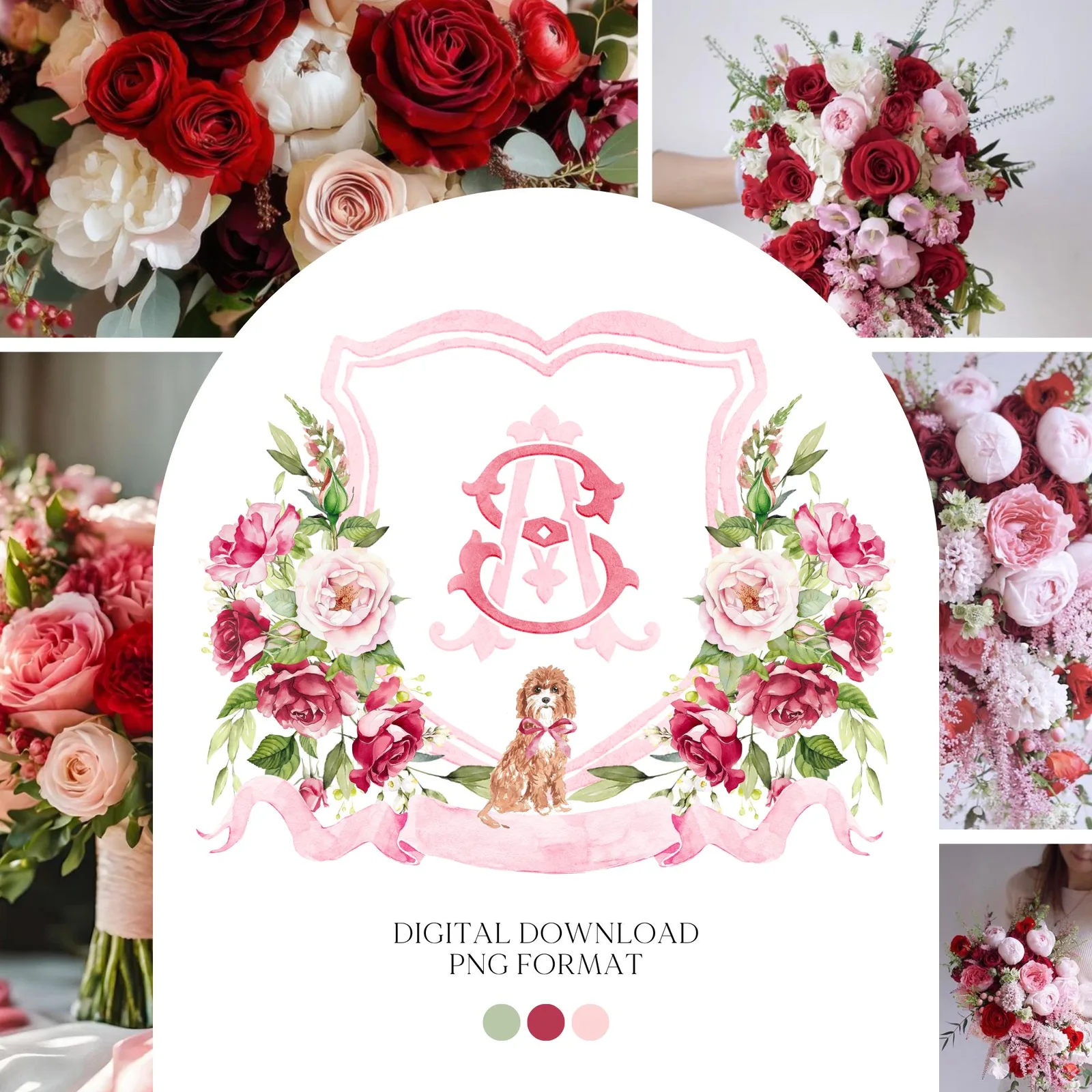 Burgundy Rose Flower Wedding Crest - Monogram Crest
