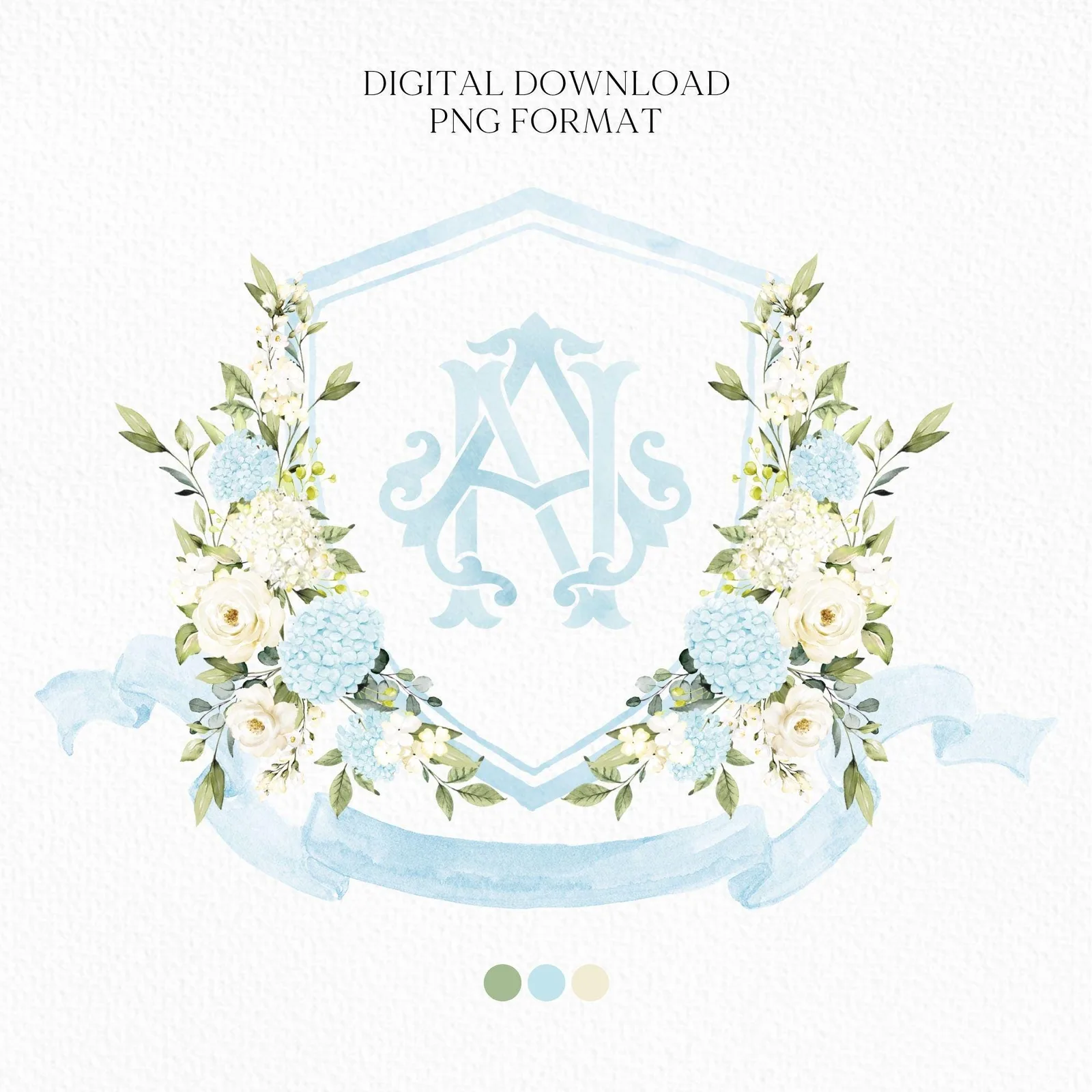 Light Dusty Blue Hydrangea Flower Wedding Crest - Monogram Crest - White Hydrangea Floral Watercolor Wedding Crest - Romantic Wedding Crest