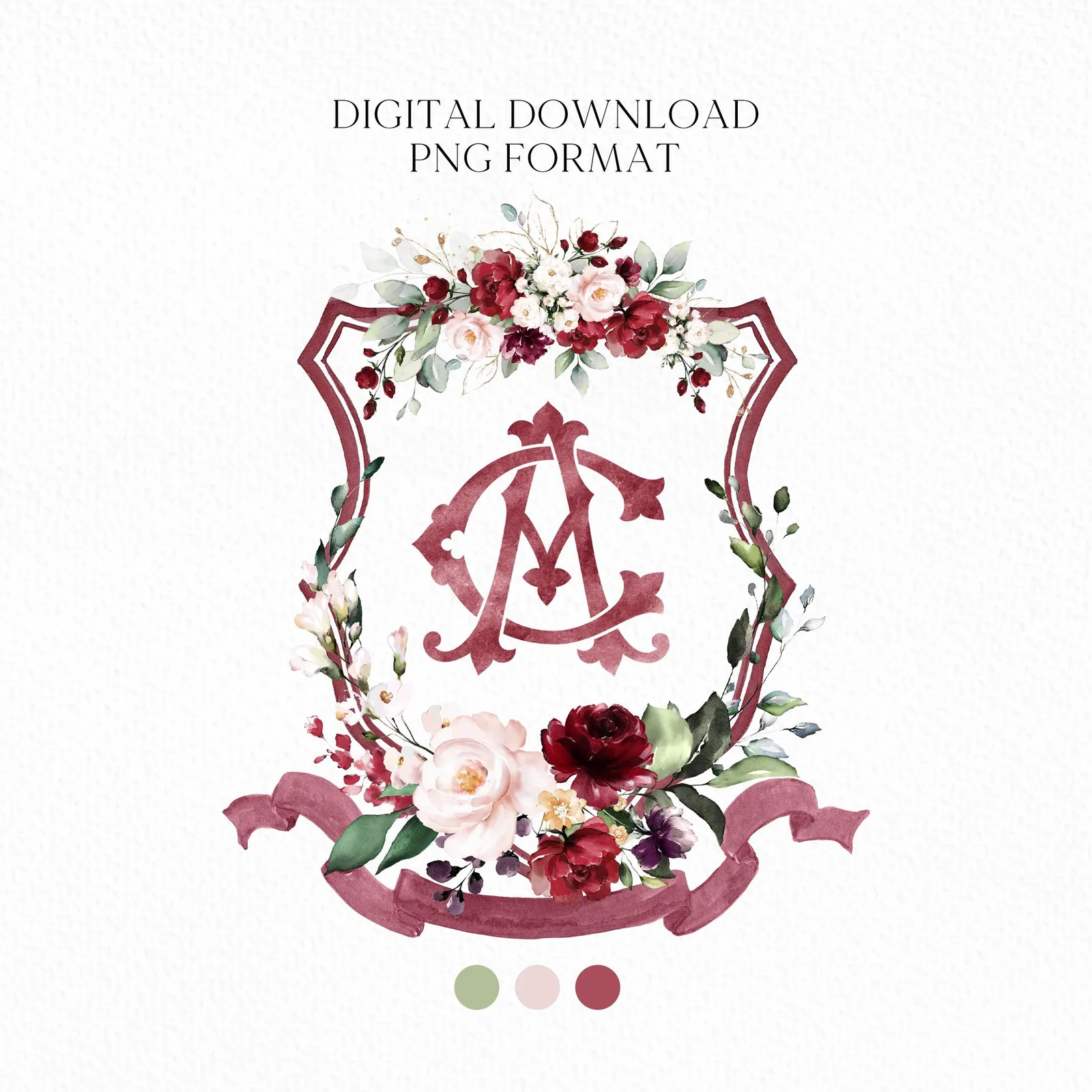 Geometric Burgundy blush Pink Floral Wedding Crest