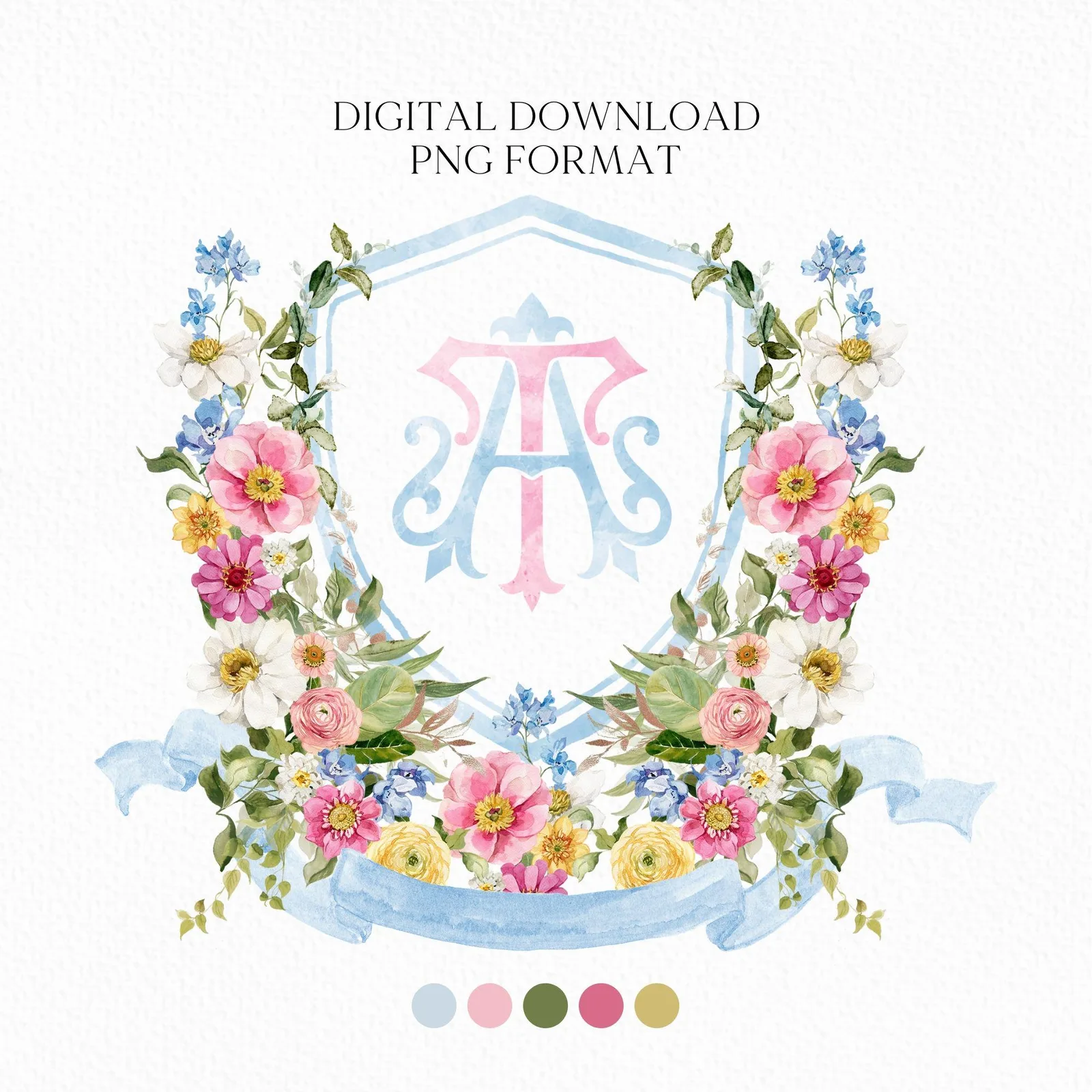 Wildflowers Bright Floral Colorful Watercolor Wedding Crest
