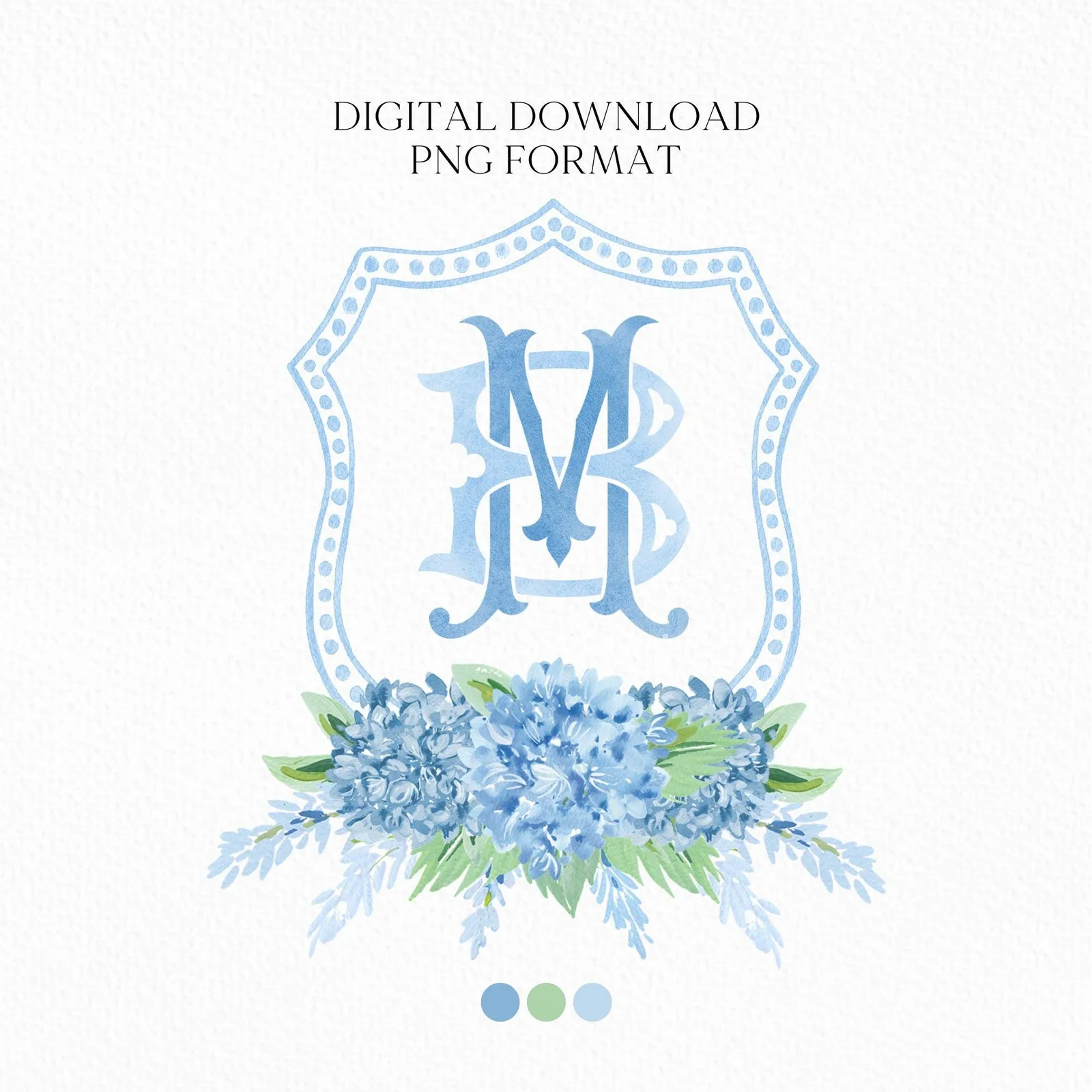 Hydrangea Blue Wedding Crest - Monogram Crest - Hydrangea Floral Luxury Watercolor Wedding Crest - Romantic Wedding Crest