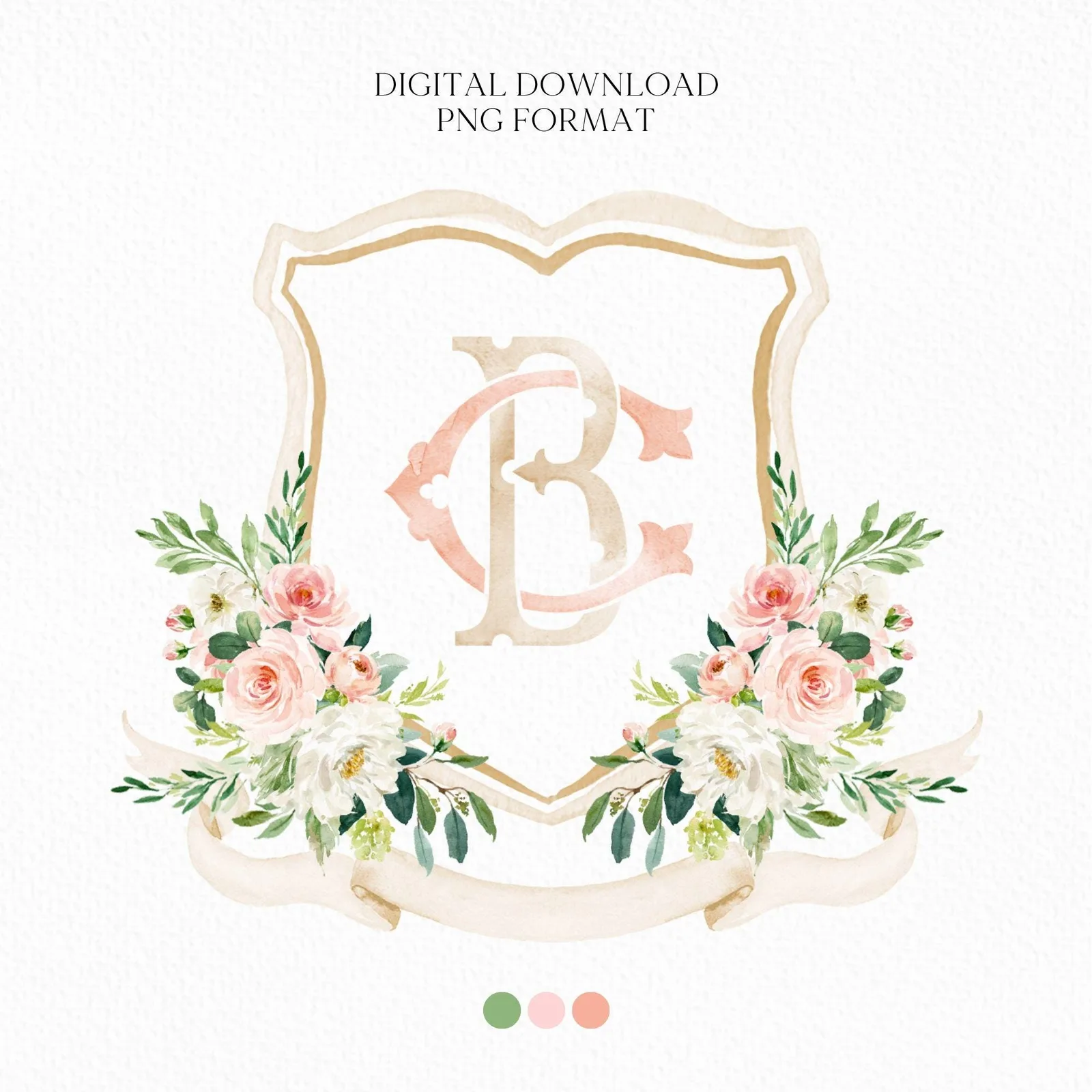 Blush Pink Floral Rustic Greenery Flower Wedding Crest - Monogram Crest - Floral Watercolor Wedding Crest - Romantic Wedding Crest
