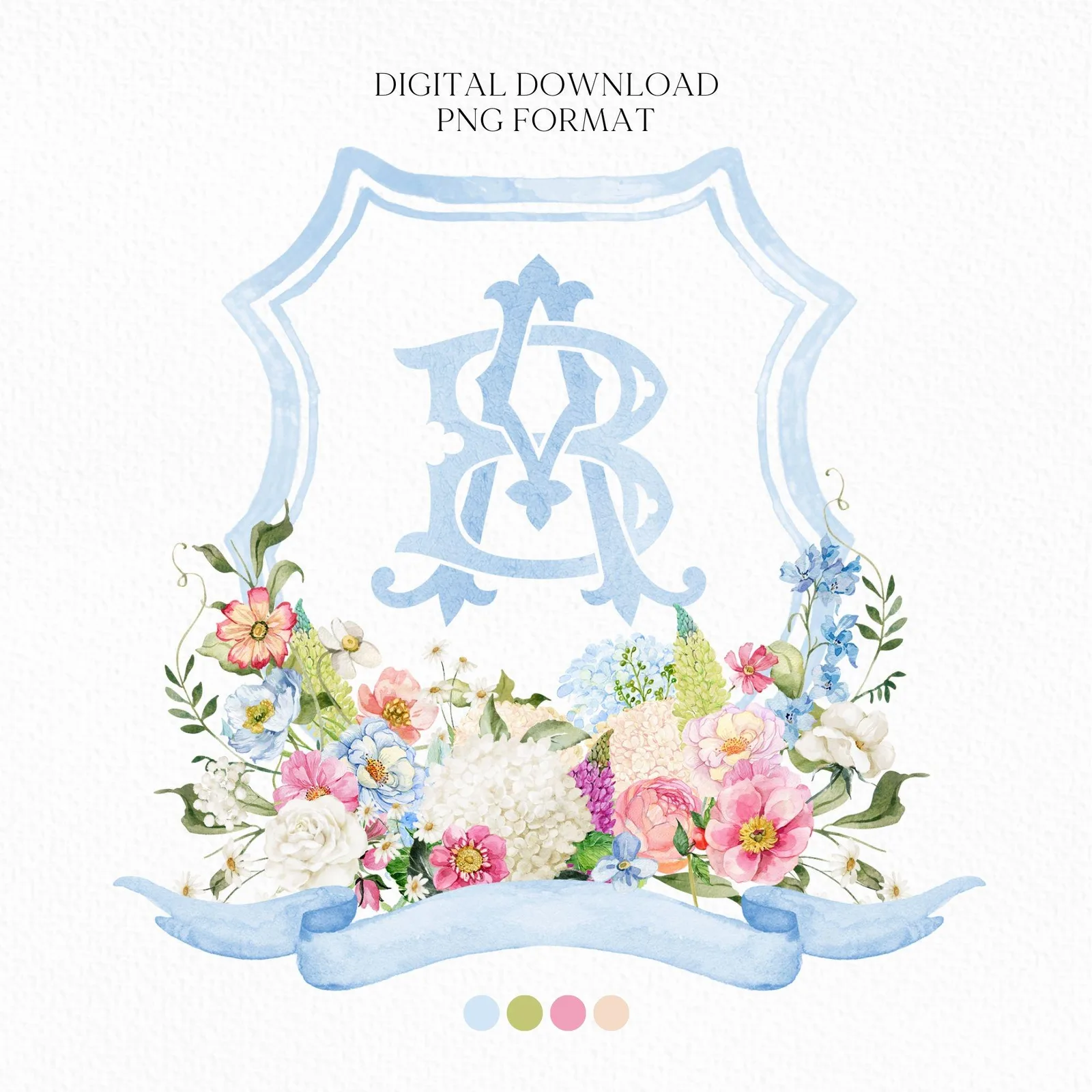Wildflowers Bright Floral Hydrangea Watercolor Wedding Crest - Monogram Crest - Floral Watercolor Wedding Crest - Romantic Wedding Crest