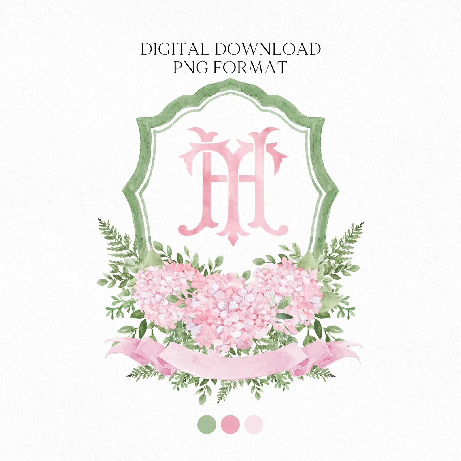 Pink Hydrangea Flower Greenery Wedding Crest - Monogram Crest - Hydrangea Floral Luxury Watercolor Wedding Crest - Romantic Wedding Crest