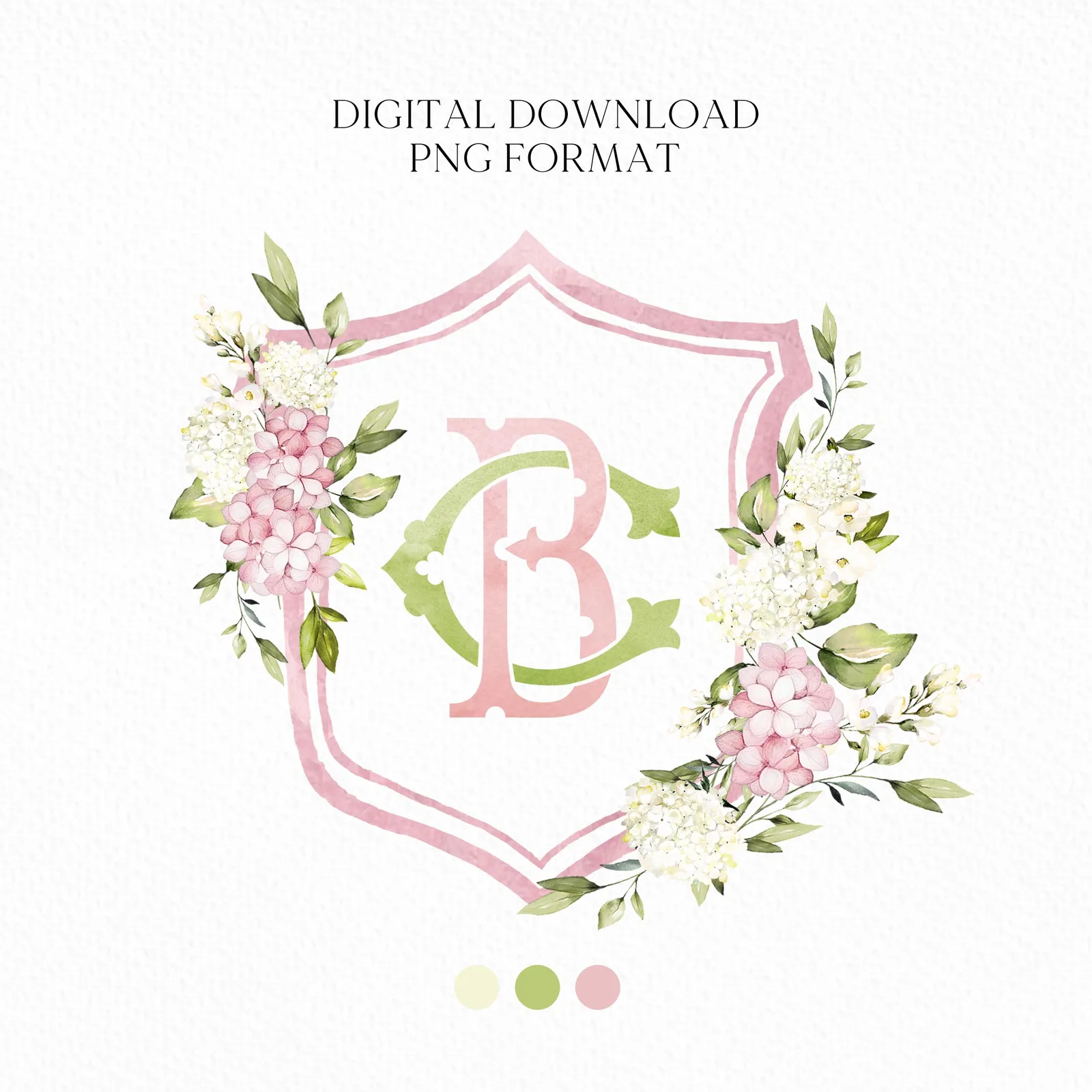 Pink Hydrangea Flower Wedding Crest - Monogram Crest - Hydrangea Floral Luxury Watercolor Wedding Crest - Romantic Wedding Crest