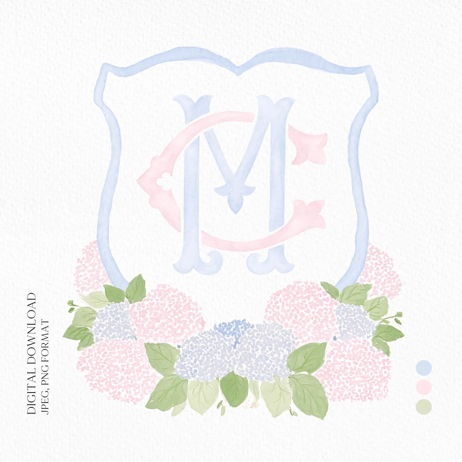 Pink Light Blue Hydrangea Flower Wedding Crest - Monogram Crest - Blue Hydrangea Floral Watercolor Wedding Crest - Romantic Wedding Crest