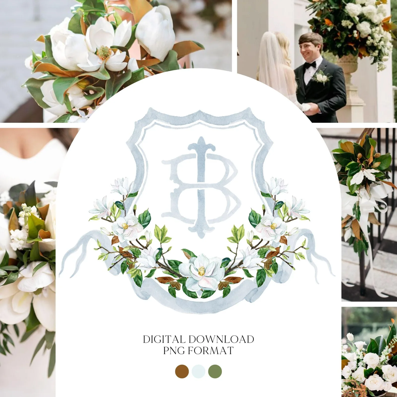 Magnolia Greenery Flower Watercolor Wedding Crest - Monogram Crest - Magnolia Floral Watercolor Wedding Crest - Romantic Wedding Crest