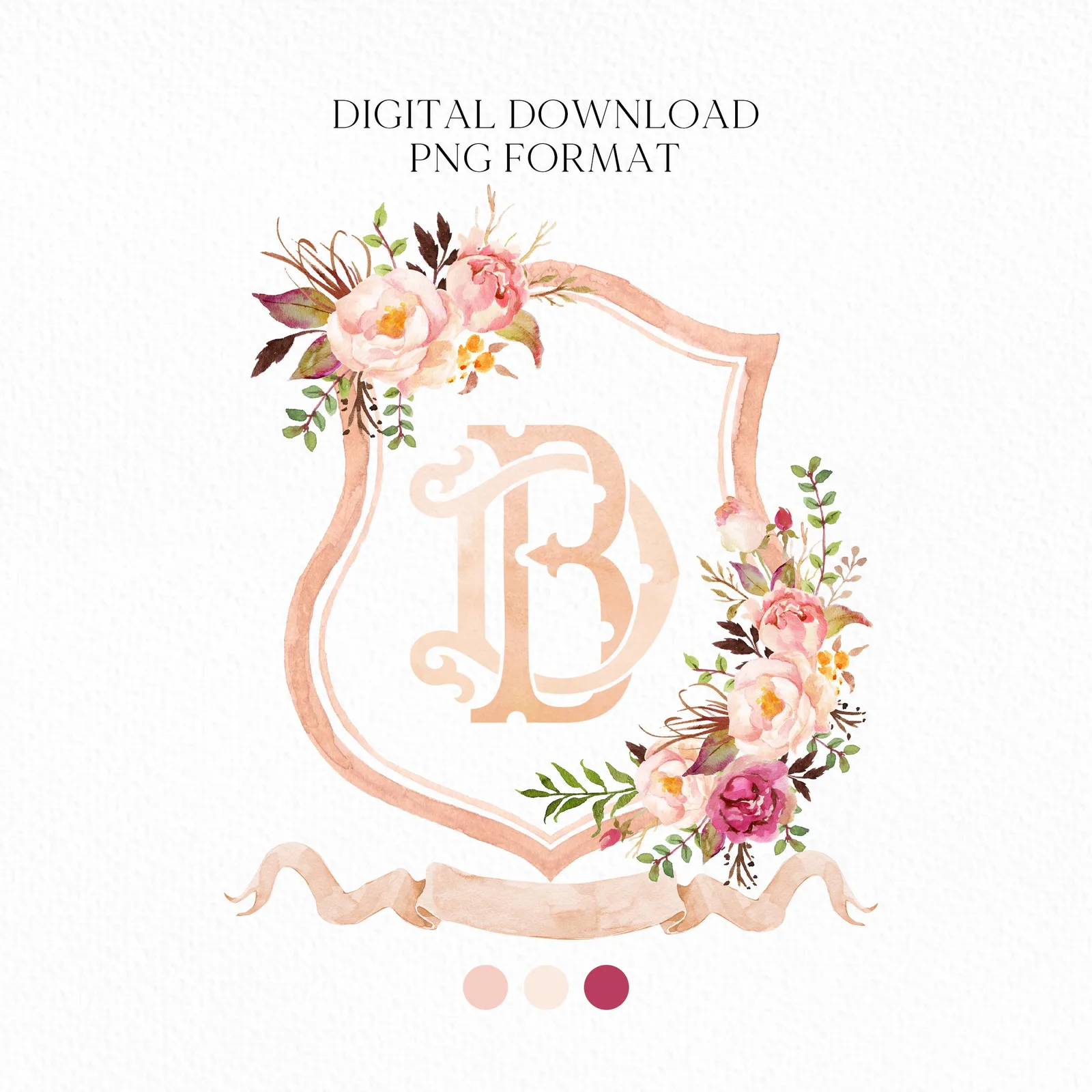 Boho Pink Floral Wedding Crest - Monogram Crest - Pink Floral Luxury Watercolor Wedding Crest - Romantic Wedding Crest - Boho Roses
