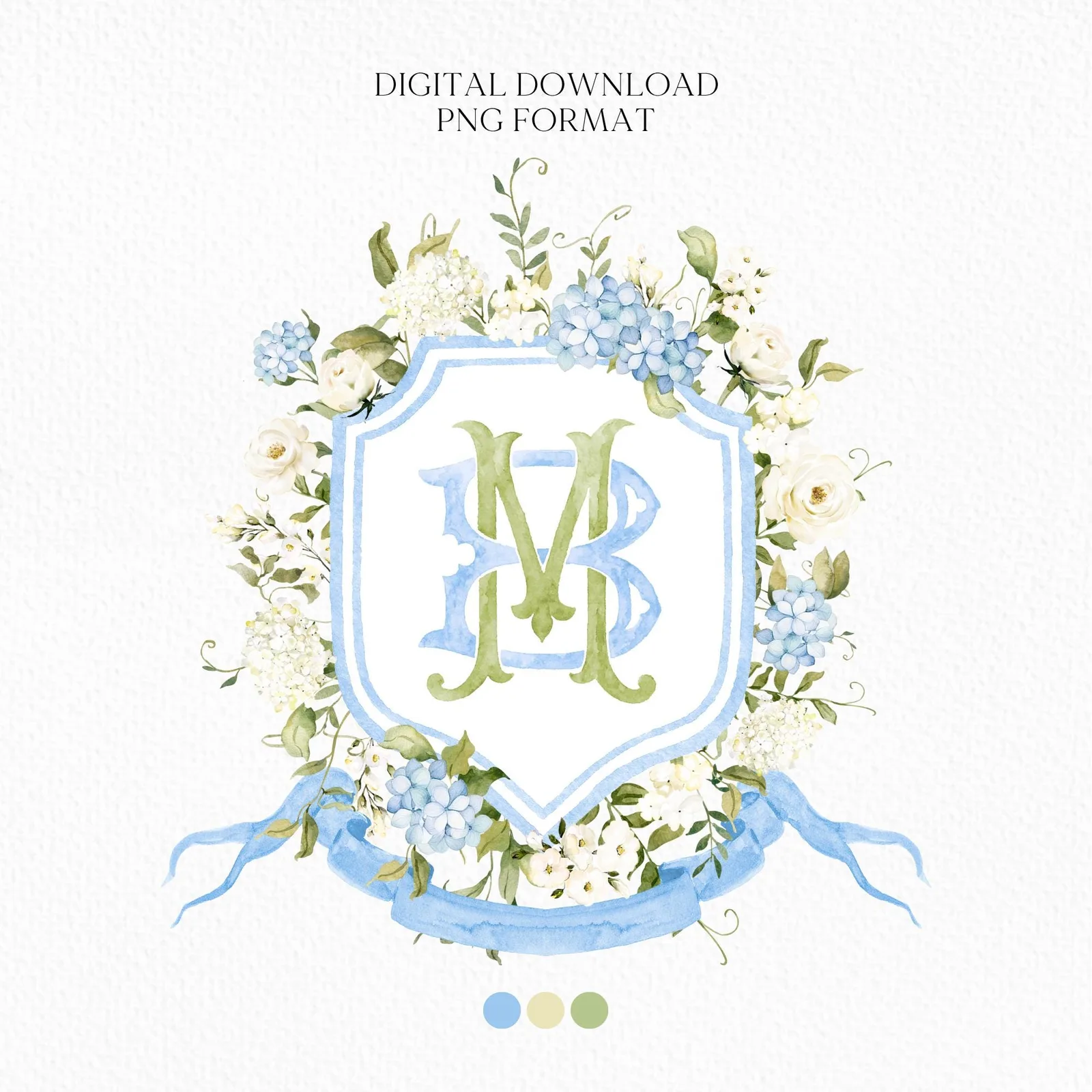Light Blue Hydrangea Flower Wedding Crest - Monogram Crest - Hydrangea Floral Luxury Watercolor Wedding Crest - Romantic Wedding Crest
