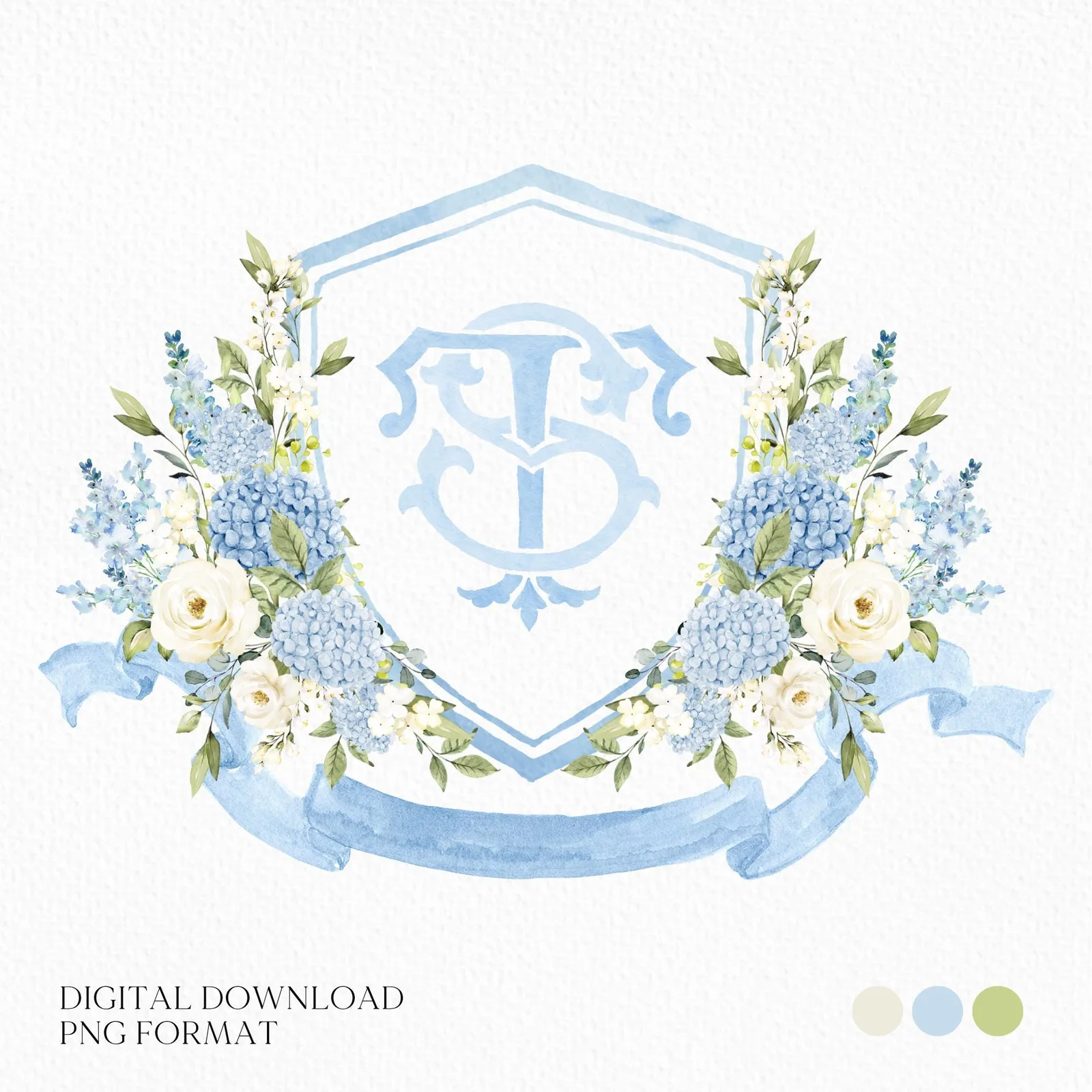 Blue Hydrangea Roses Flower Greenery Wedding Crest - Monogram Crest - Light Blue Delphinium Floral Luxury Watercolor Wedding Crest