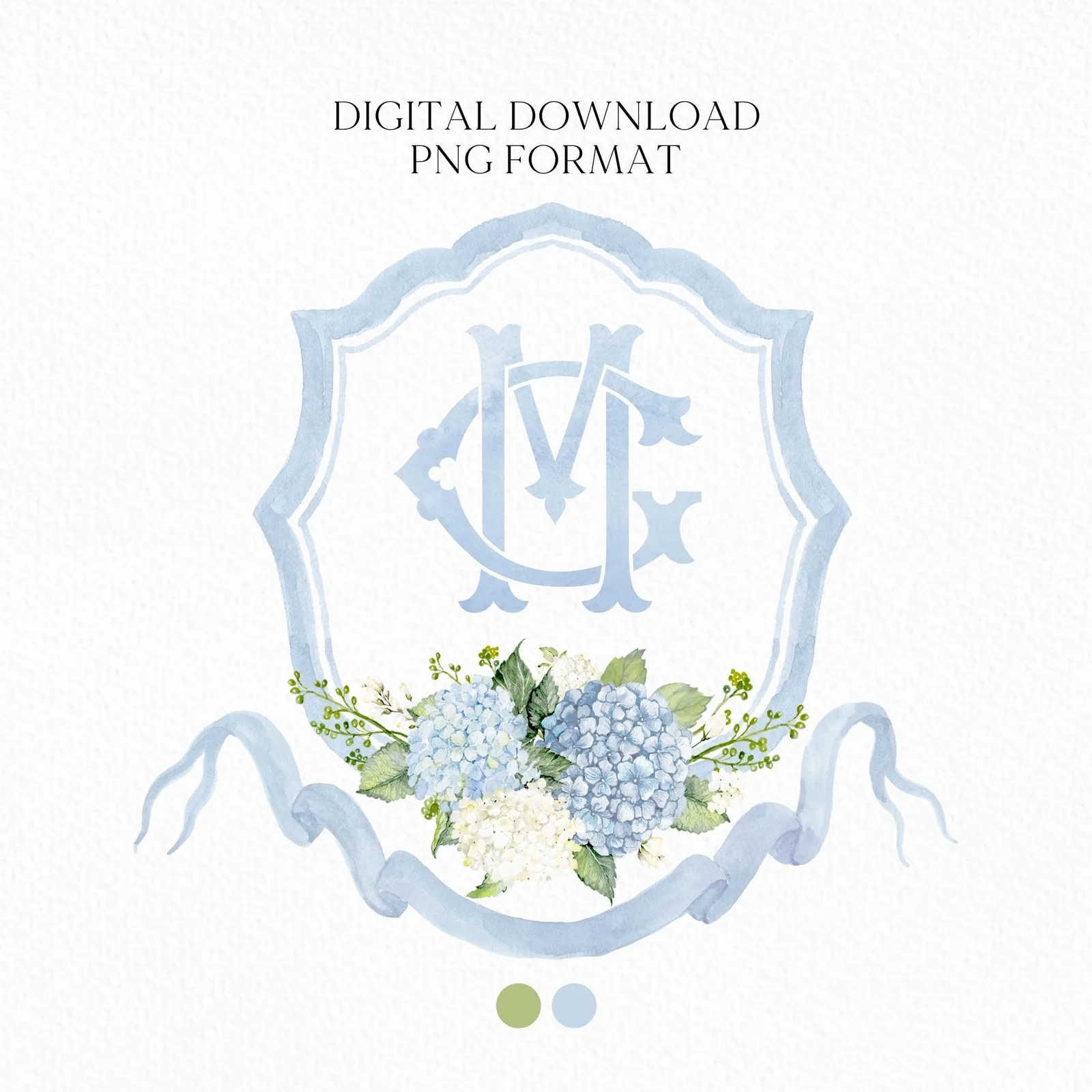 Dusty Blue Hydrangea Flower Wedding Crest - Monogram Crest - Hydrangea Floral Luxury Watercolor Wedding Crest - Romantic Wedding Crest