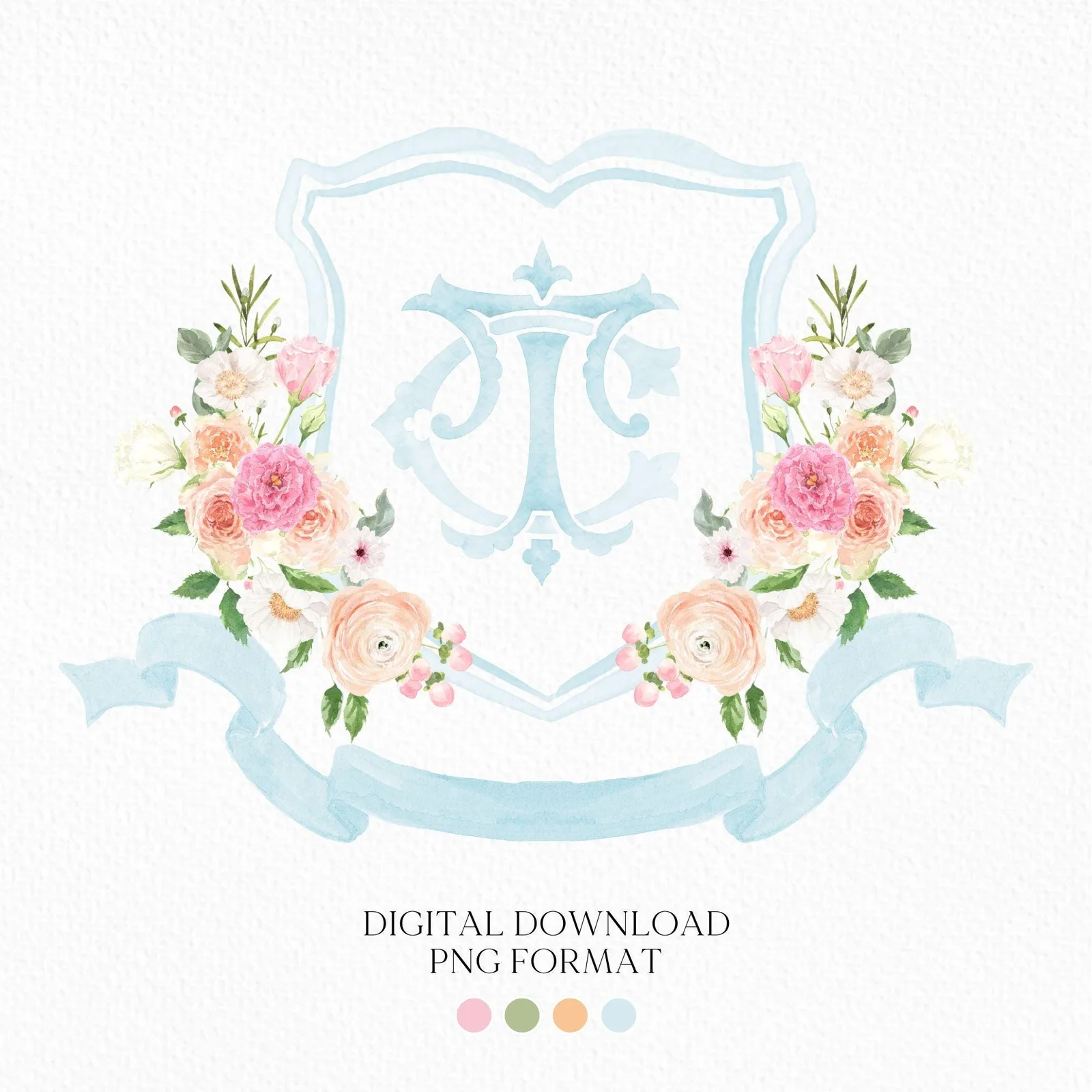 Wildflowers Bright Floral Colorful Watercolor Wedding Crest - Monogram Crest - Watercolor Blush and Pink Floral Watercolor Wedding Crest