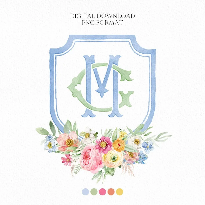 Wildflowers Bright Floral Colorful Watercolor Wedding Crest