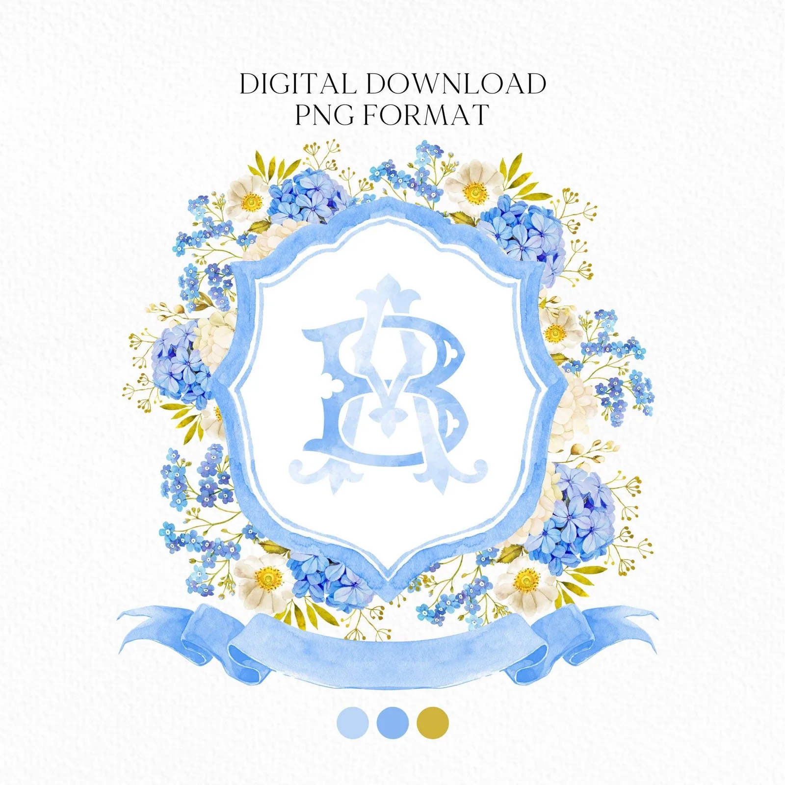 Blue White Hydrangeas Floral Wedding Crest - Monogram Crest - Hydrangea Floral Luxury Watercolor Wedding Crest - Romantic Wedding Crest