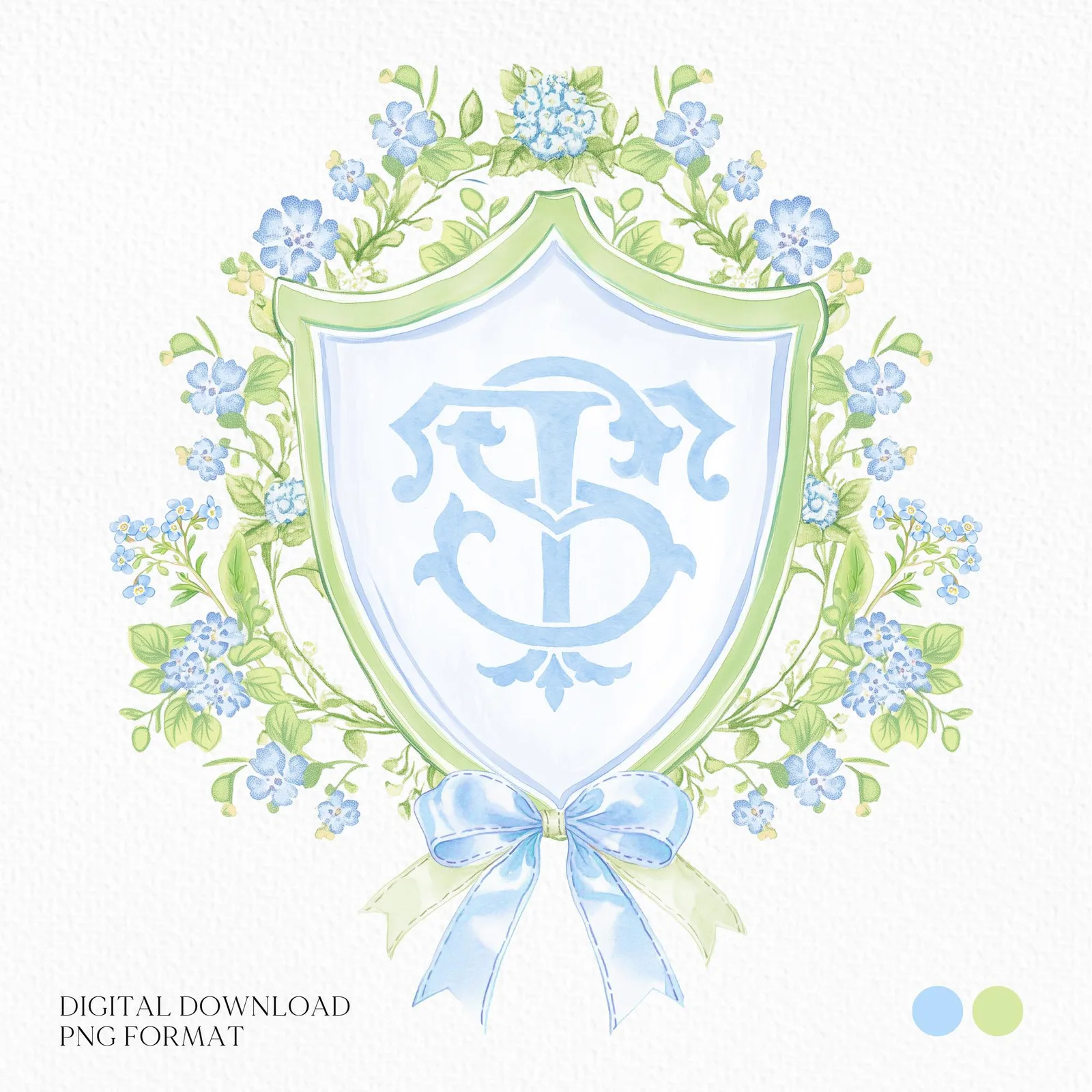 Vintage Green Bow Flower Wedding Crest - Monogram Crest - Botanical Floral Watercolor Wedding Crest - Watercolor Blue Floral Wedding Crest