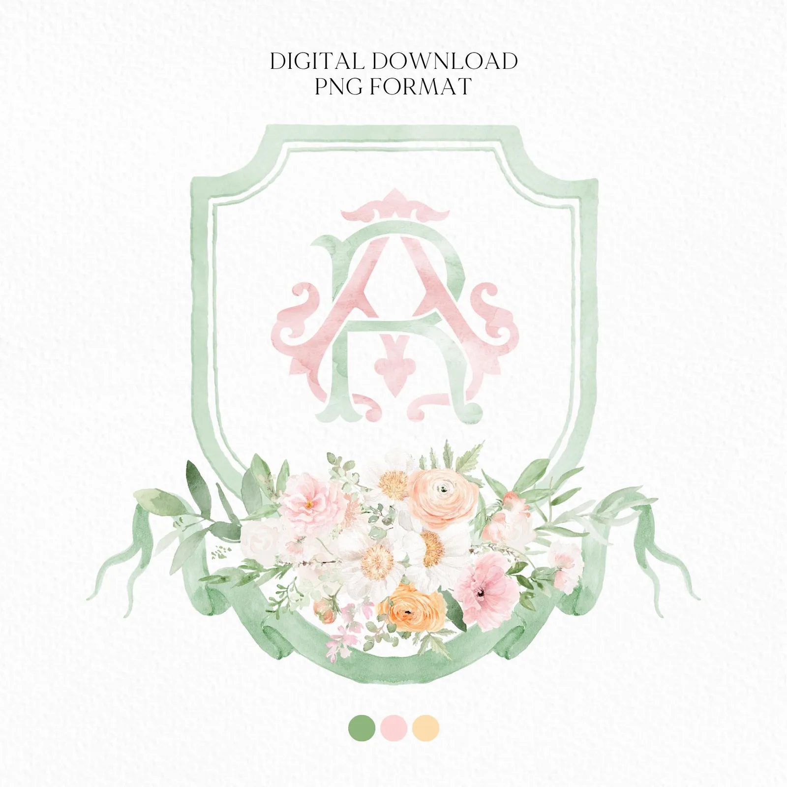 Wildflowers Pink Flower Garden Flowers Wedding Crest - Monogram Crest - Floral Luxury Watercolor Wedding Crest - Romantic Wedding Crest