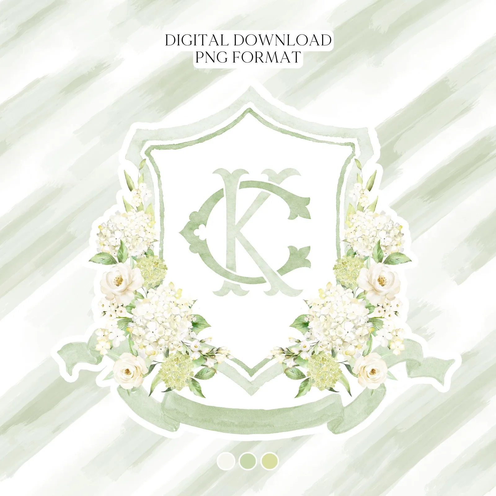Green White Blue Hydrangea Flower Wedding Crest - Monogram Crest - Hydrangea Floral Luxury Watercolor Wedding Crest - Romantic Wedding Crest
