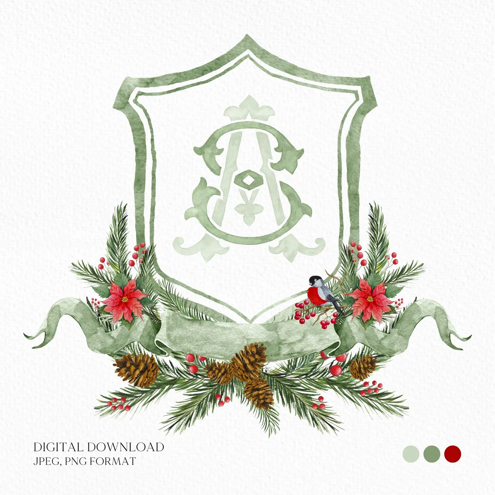 Custom Christmas Wedding Crest - Monogram Crest - Rose Hips Floral Watercolor Wedding Crest - Winter Christmas Wedding Crest - Winter Crest