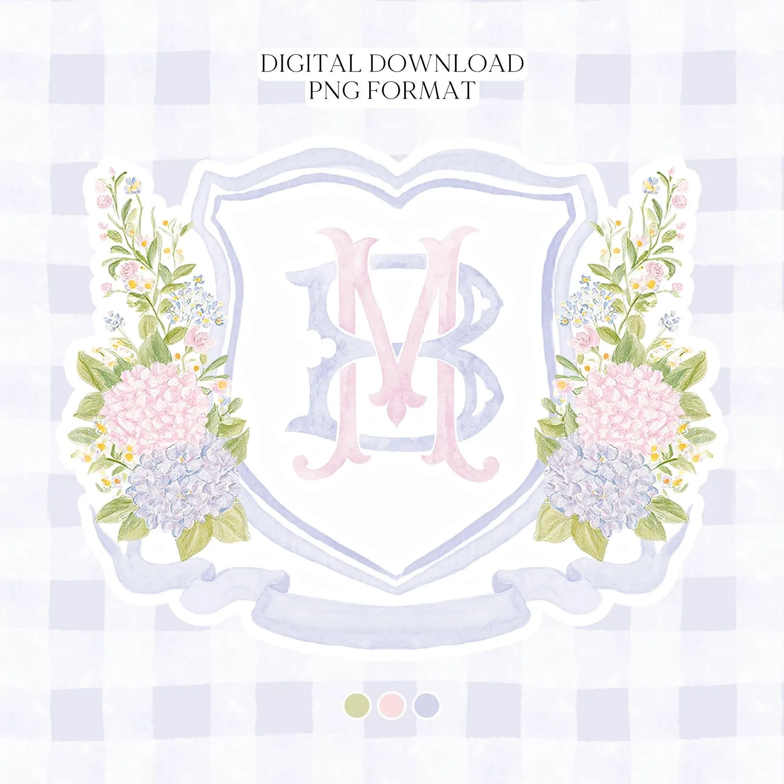 Blue Pink Hydrangea Flower Wedding Crest - Monogram Crest - Pastel Color Hydrangea Floral Luxury Watercolor Wedding Crest