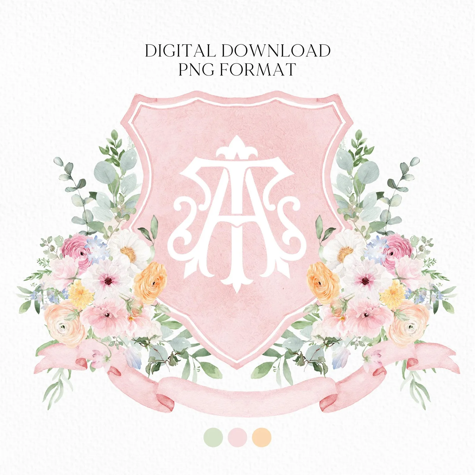 Wildflower Prink Spring Flower Wedding Crest - Monogram Crest -