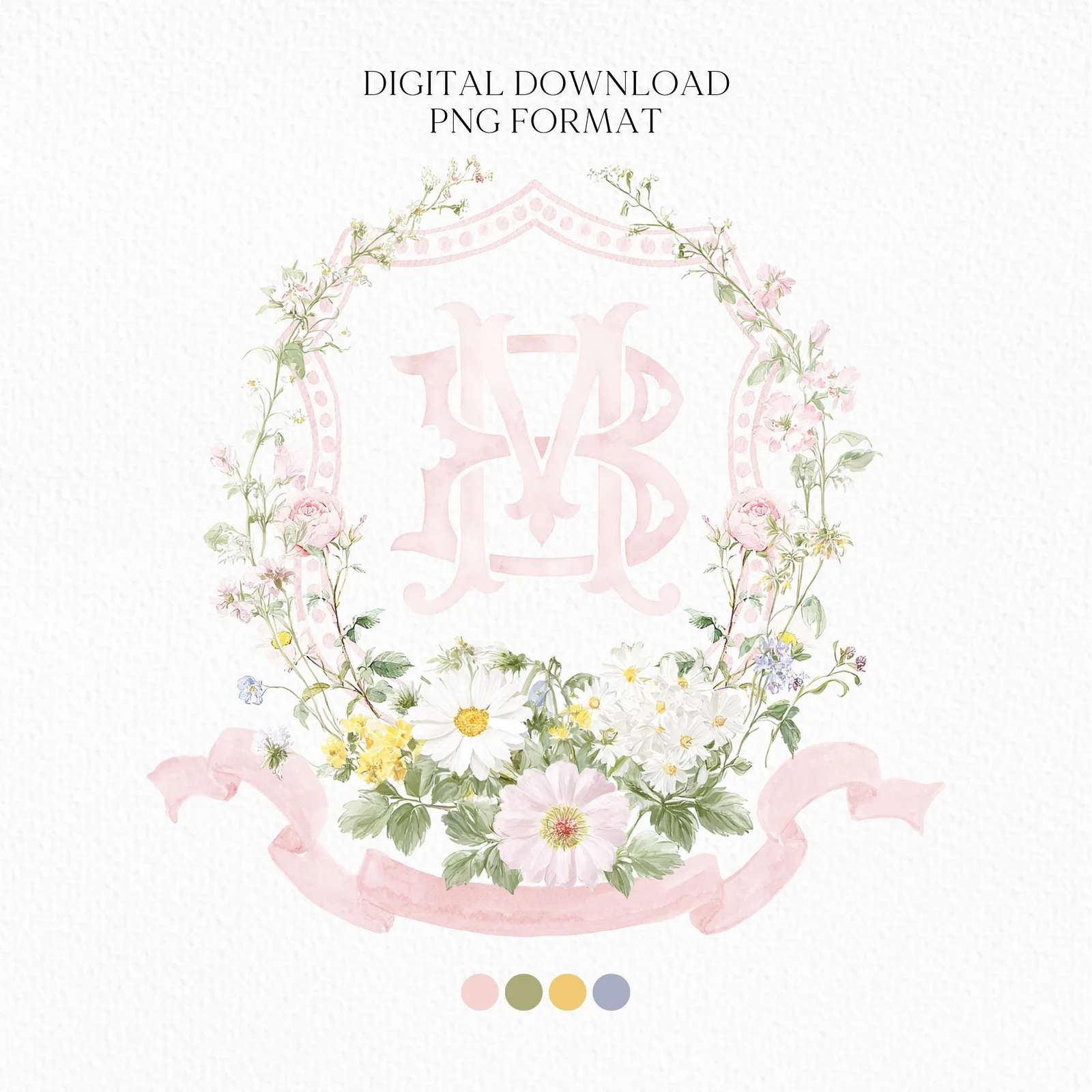 Pastel Wildflowers Light Pink Watercolor Wedding Crest - Monogram Crest - Floral Watercolor Wedding Crest - Romantic Wedding Crest