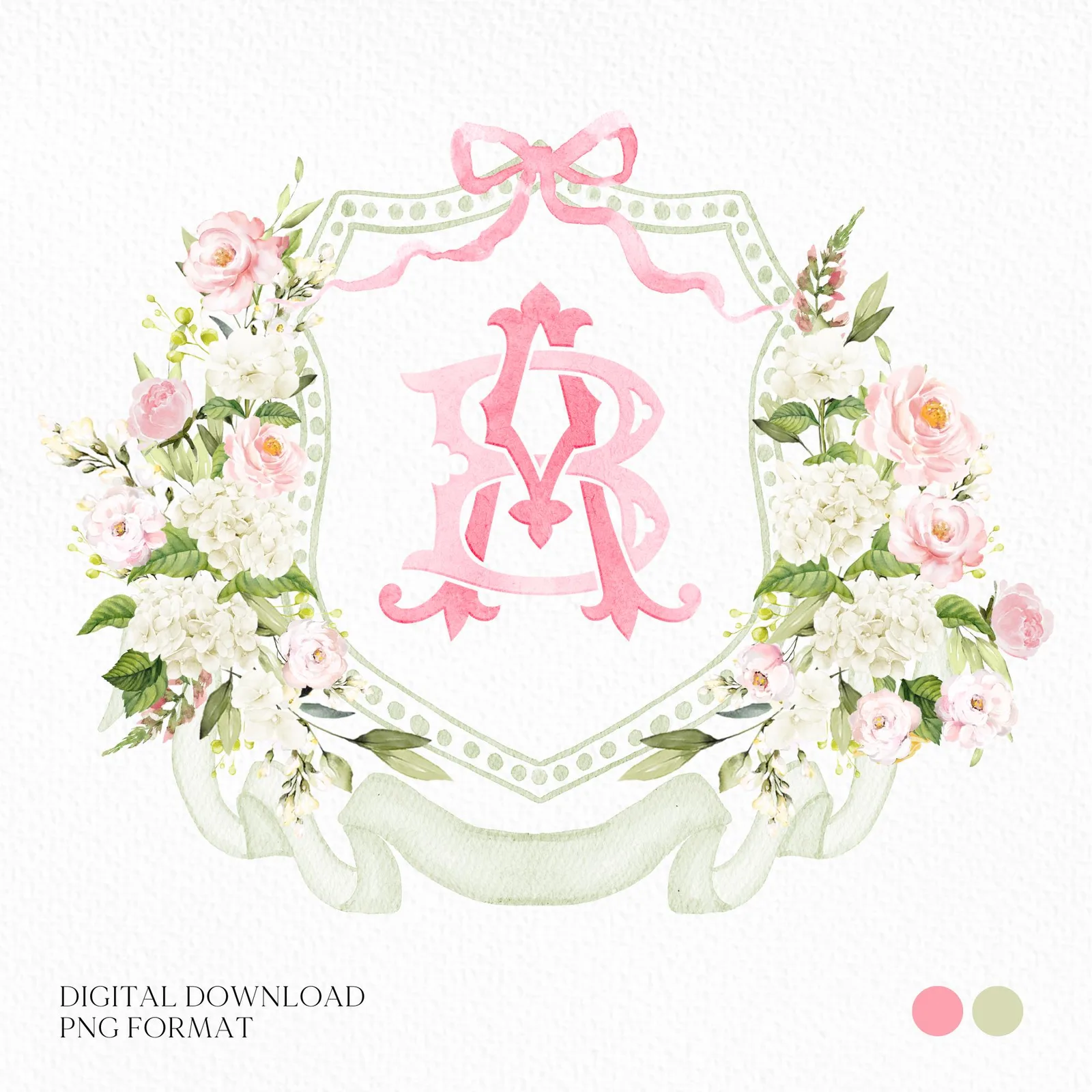White Hydrangea Blush Pink Rose Flower Wedding Crest - Monogram Crest - Hydrangea Floral Luxury Watercolor Wedding Crest