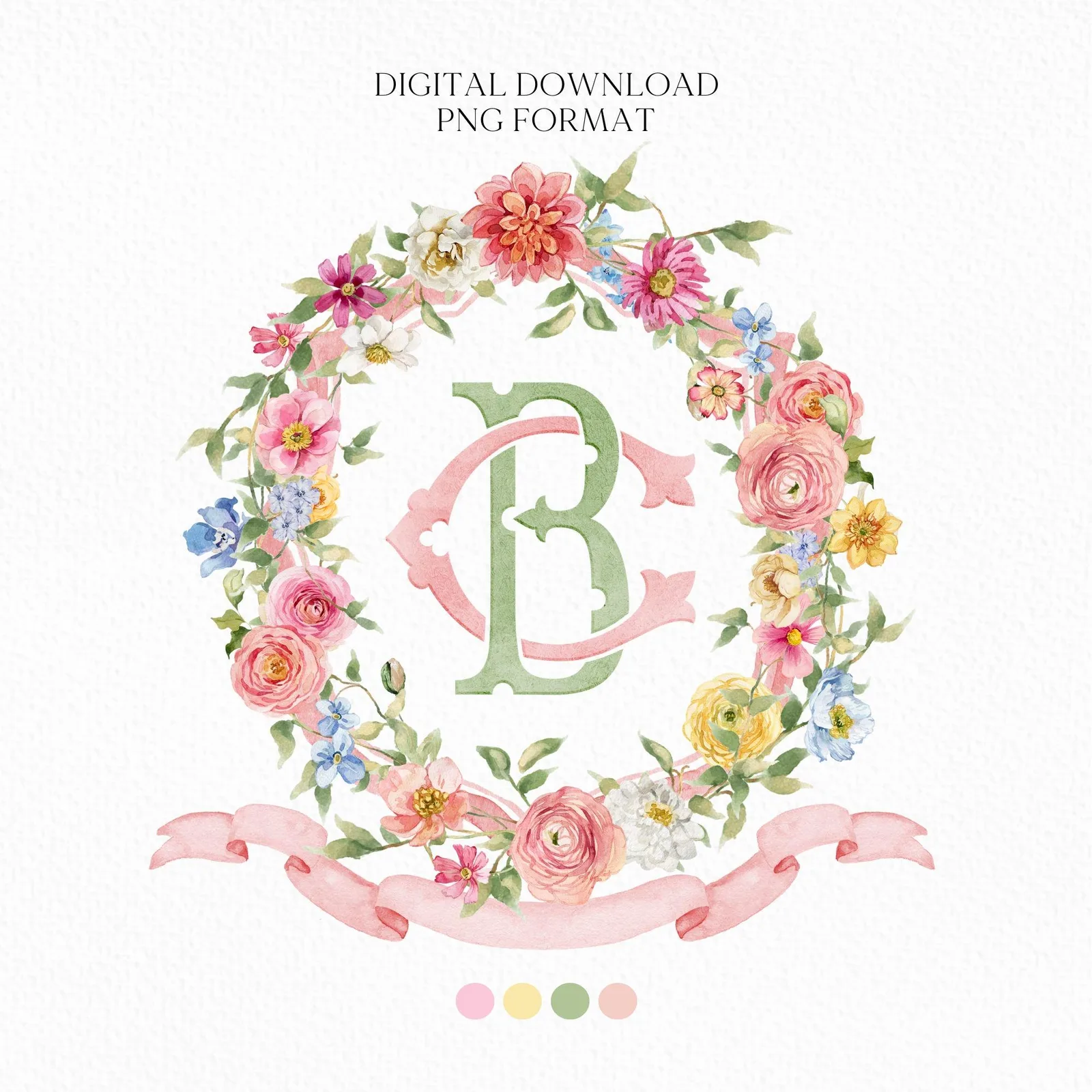 Wildflowers Bright Floral Colorful Watercolor Wedding Crest