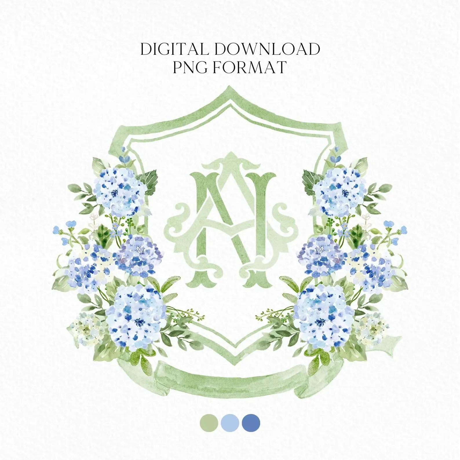Blue Hydrangea Floral Luxury Watercolor Wedding Crest - Romantic Wedding Crest