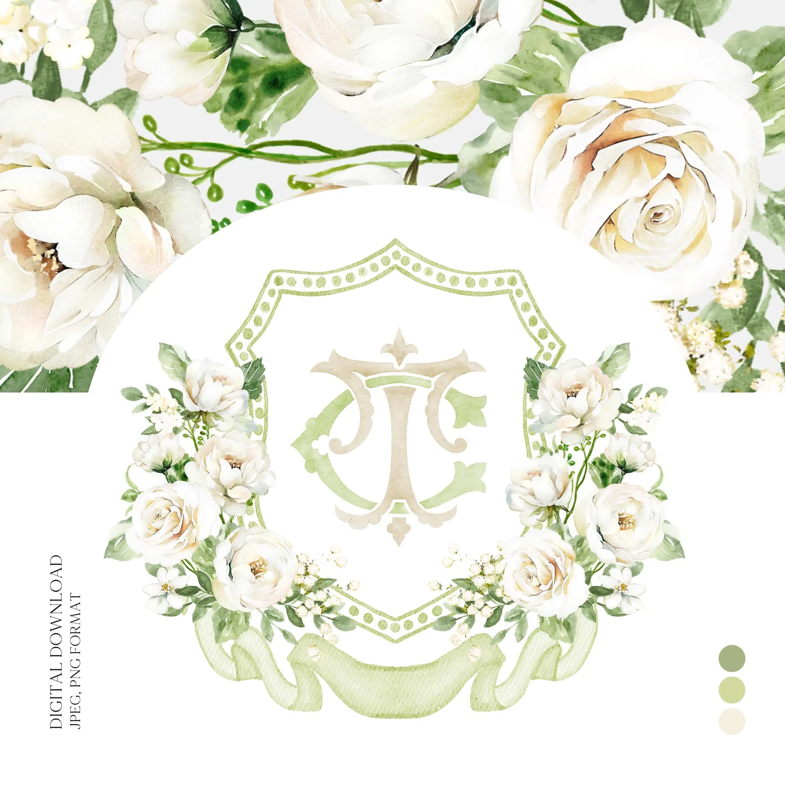 White Rose Greenery White Flower Wedding Crest - Monogram Crest - White Cream Roses flower Watercolor Wedding Crest - Romantic Wedding Crest